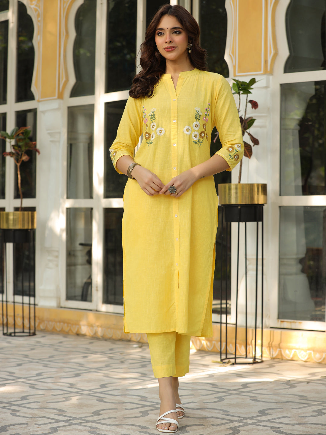 Solid Floral Hand Embroidered Straight Fit Co-ord Set - Yellow