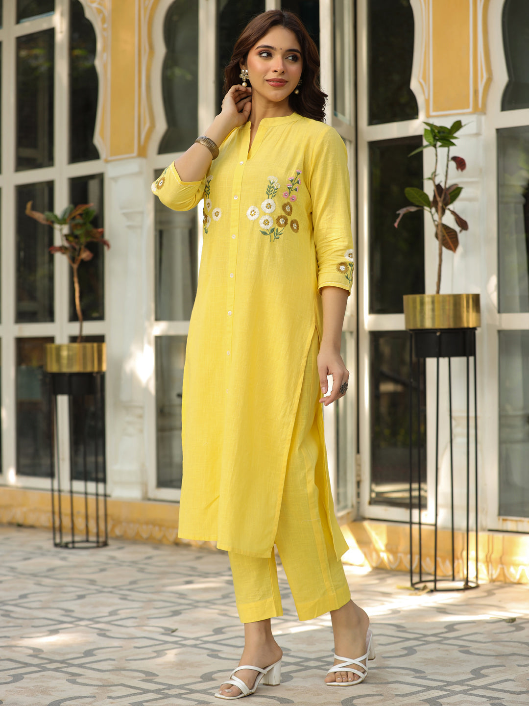 Solid Floral Hand Embroidered Straight Fit Co-ord Set - Yellow