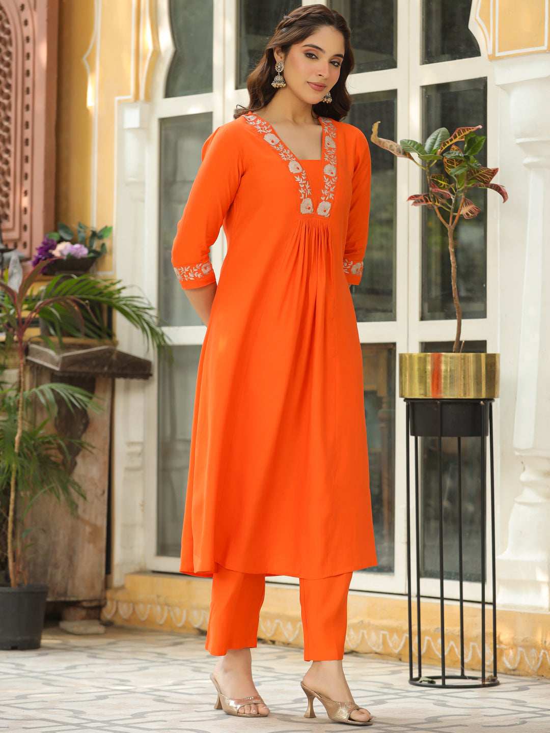 Solid Floral Pithan Work A-Line Paneled Co-ord Set - Orange