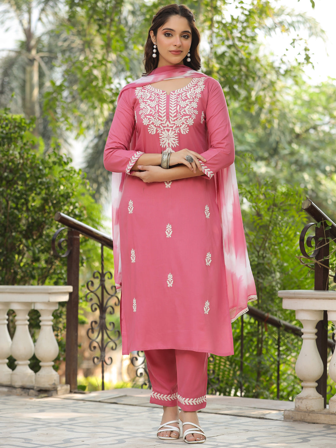 Floral Chikankari Embroidered Straight Kurta with Pant & Dupatta - Pink