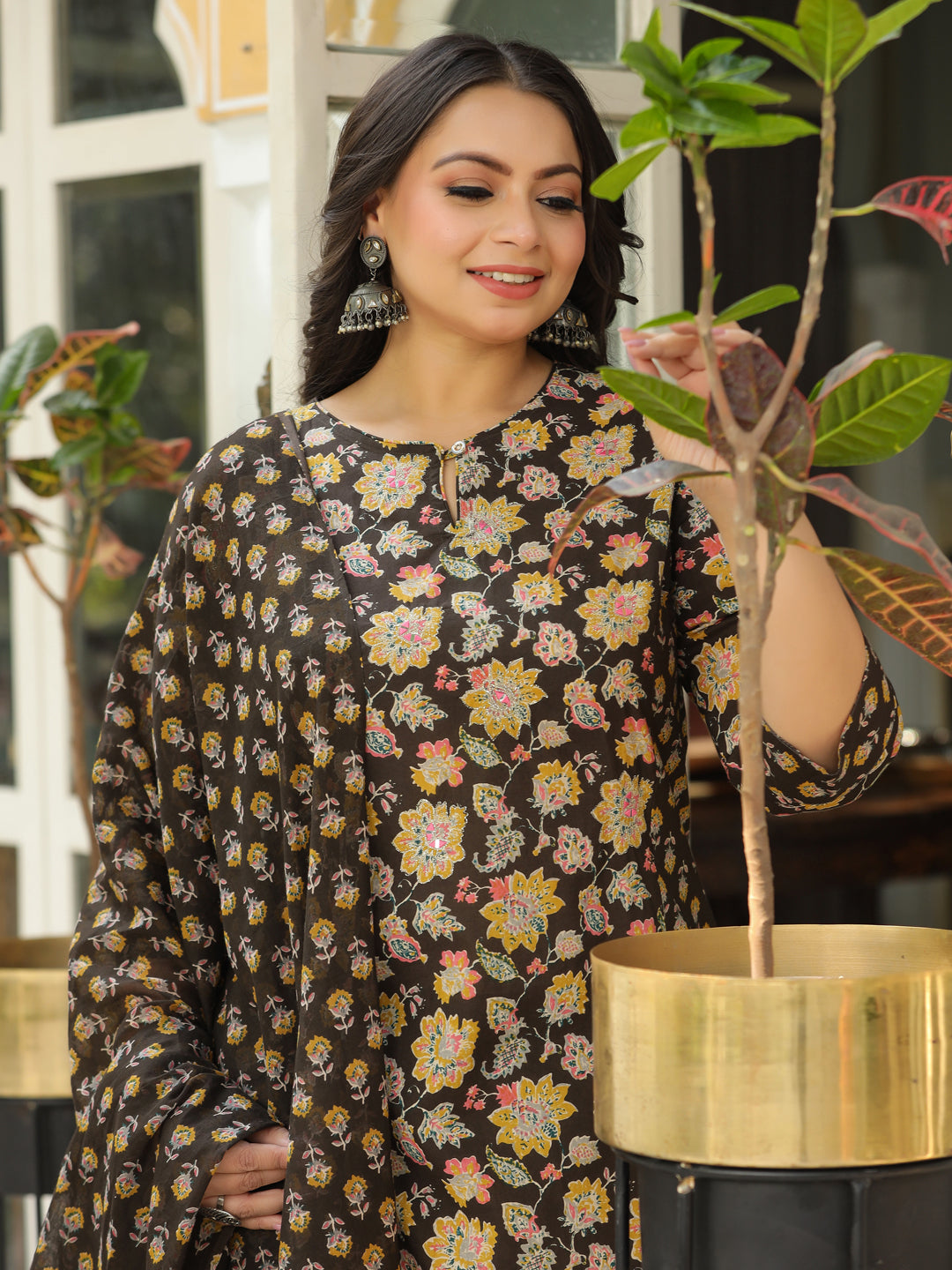 Floral Printed Mirror & Zari Embroidered A-line Kurta with Pants & Dupatta - Coffee Brown