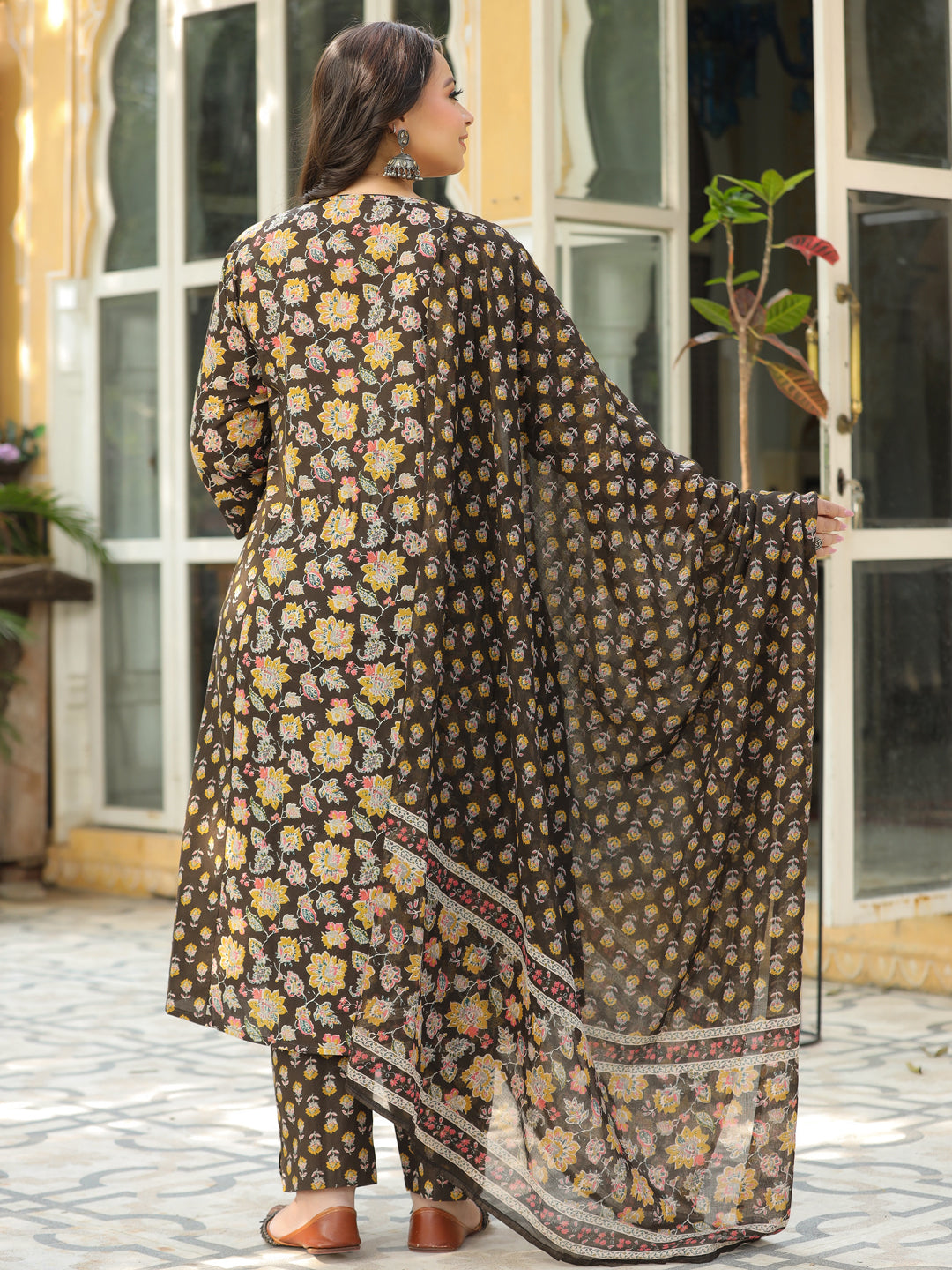 Floral Printed Mirror & Zari Embroidered A-line Kurta with Pants & Dupatta - Coffee Brown