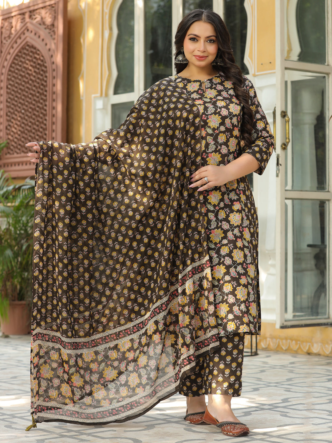 Floral Printed Mirror & Zari Embroidered A-line Kurta with Pants & Dupatta - Coffee Brown