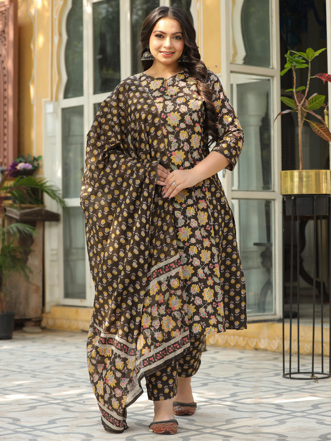 Floral Printed Mirror & Zari Embroidered A-line Kurta with Pants & Dupatta - Coffee Brown