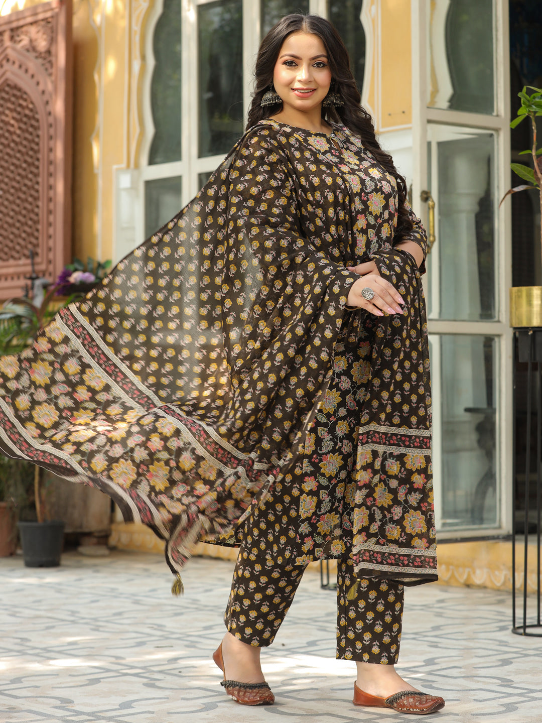 Floral Printed Mirror & Zari Embroidered A-line Kurta with Pants & Dupatta - Coffee Brown
