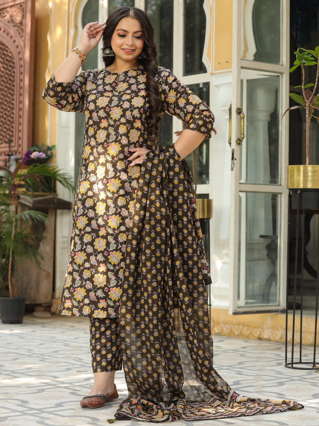 Floral Printed Mirror & Zari Embroidered A-line Kurta with Pants & Dupatta - Coffee Brown
