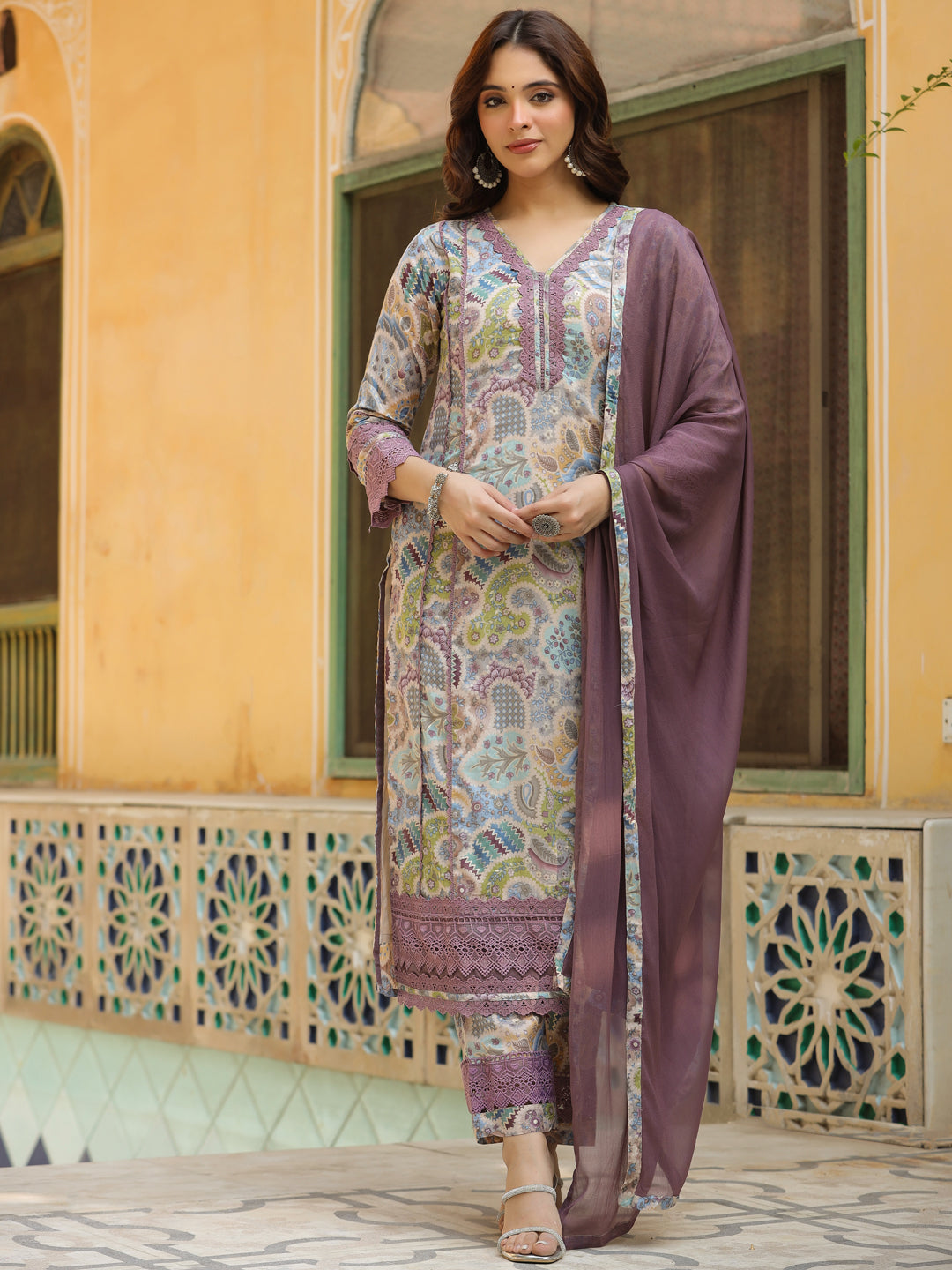 Ethnic Printed & Embroidered Straight Kurta with Pant & Dupatta - Multi