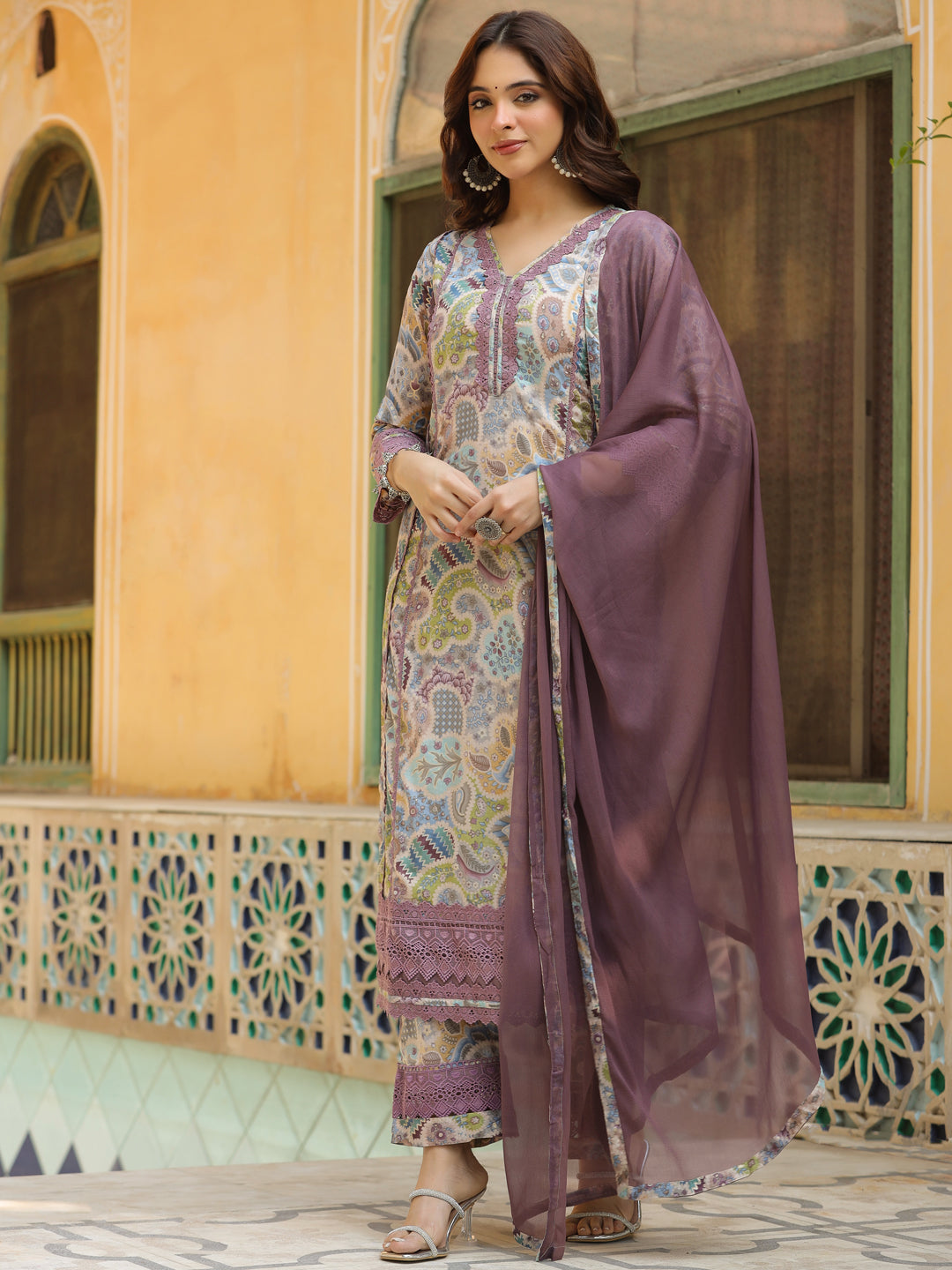 Ethnic Printed & Embroidered Straight Kurta with Pant & Dupatta - Multi