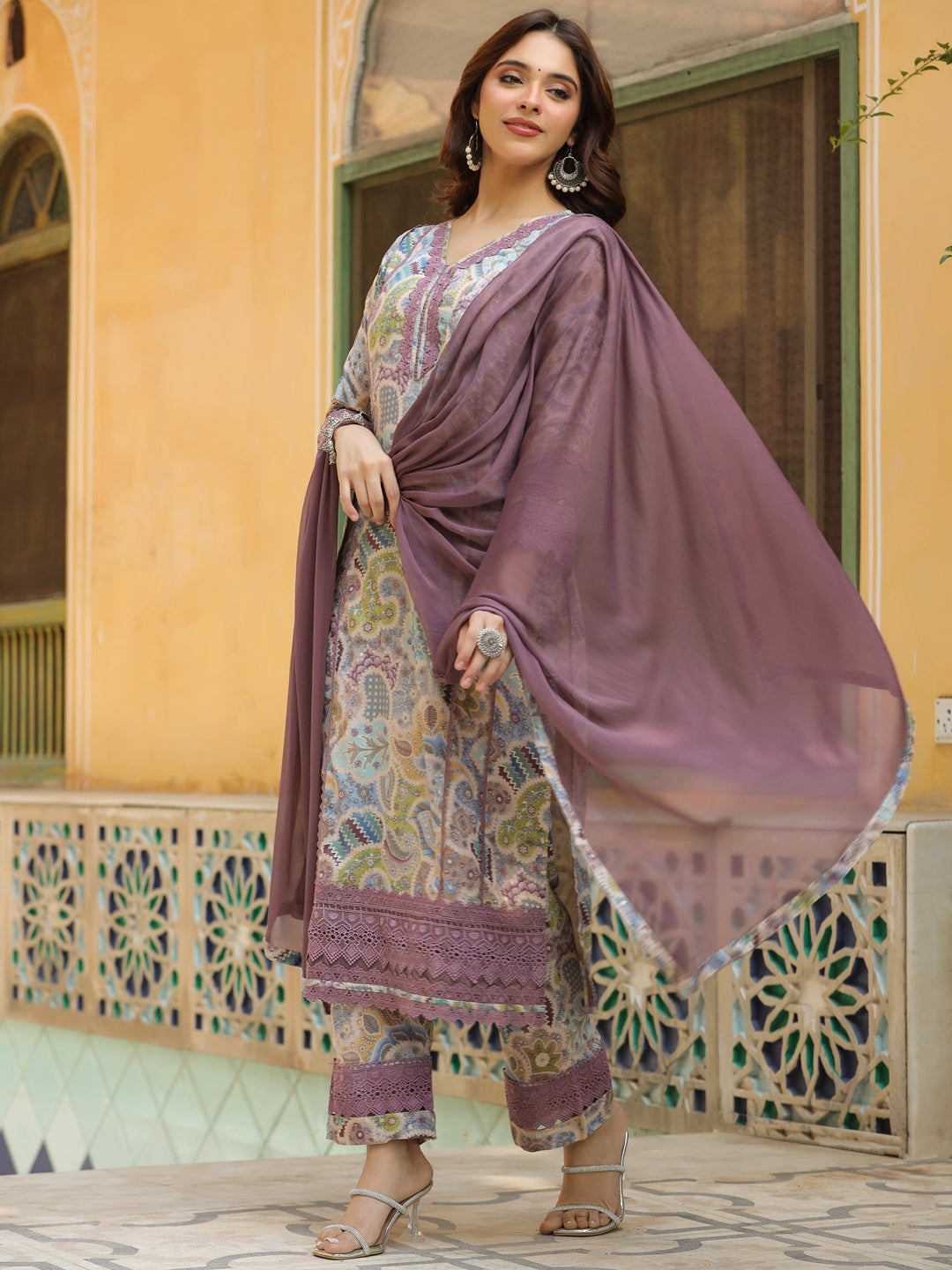 Ethnic Printed & Embroidered Straight Kurta with Pant & Dupatta - Multi
