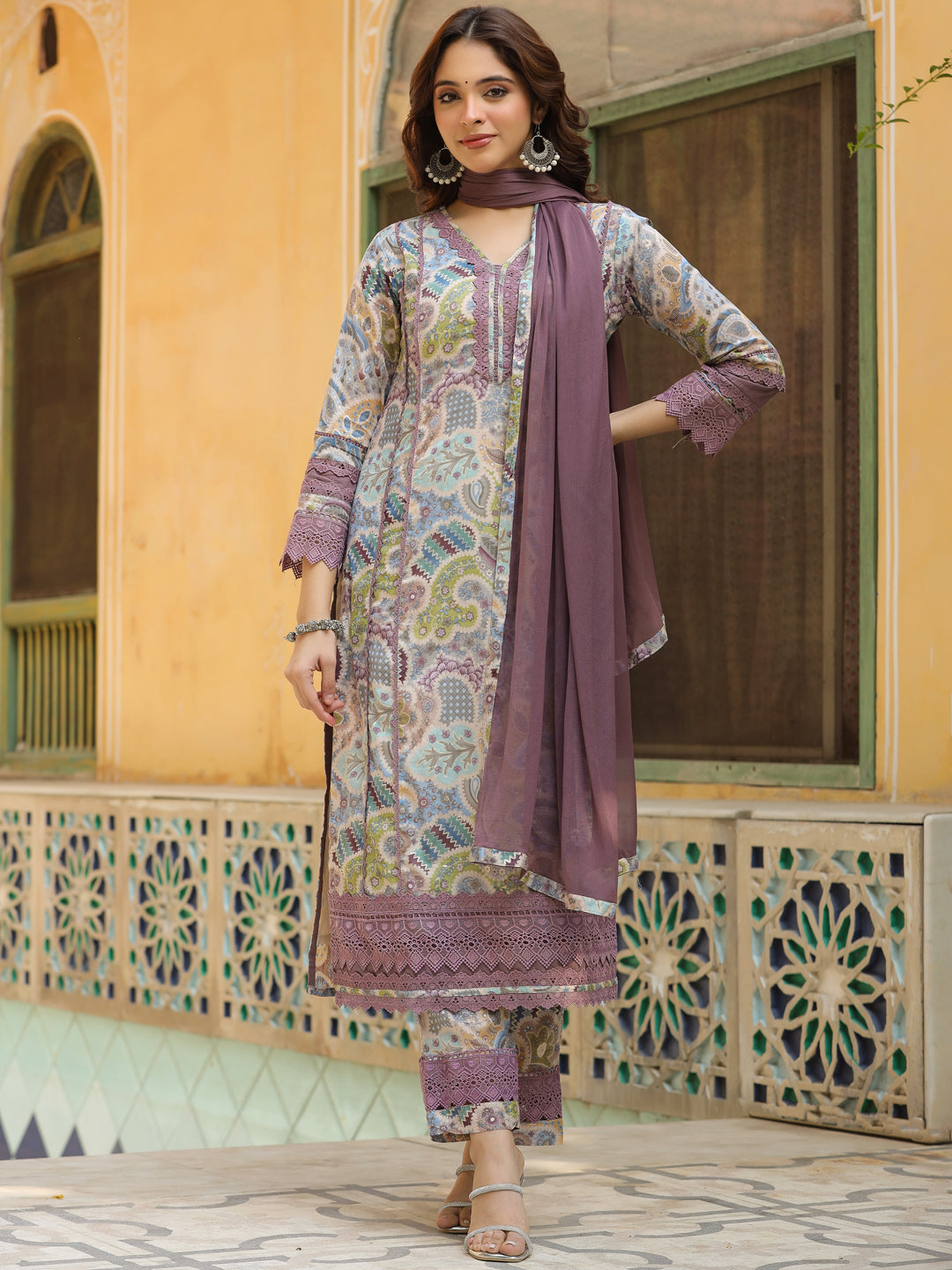 Ethnic Printed & Embroidered Straight Kurta with Pant & Dupatta - Multi