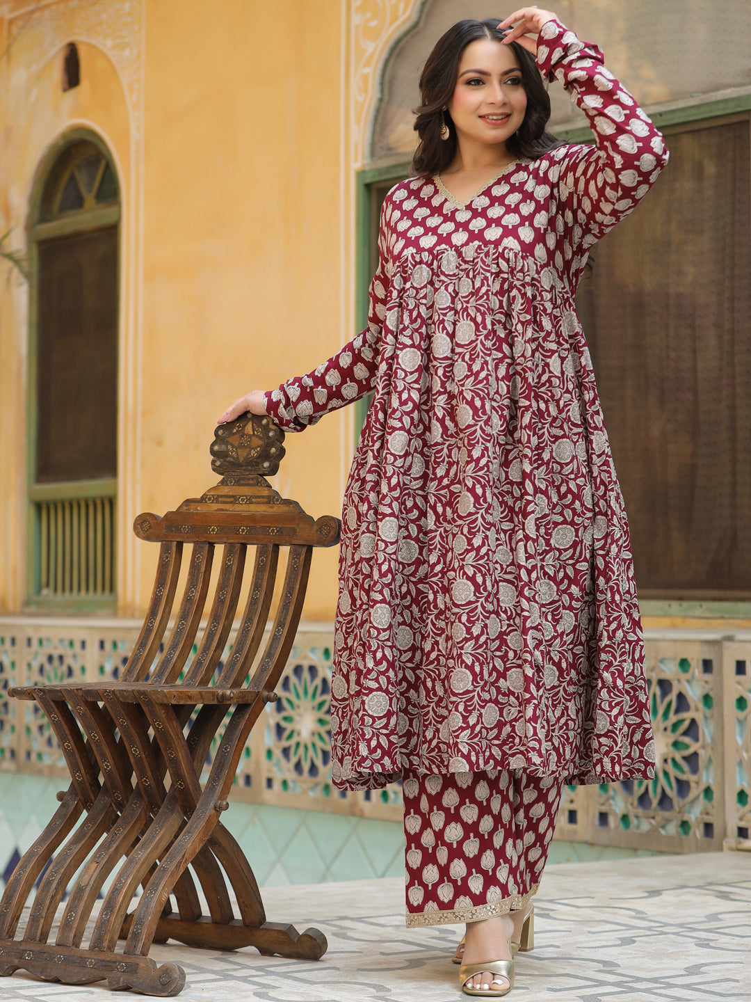 Ethnic Lotus Printed A-Line Anarkali Kurta with Palazzo - Magenta