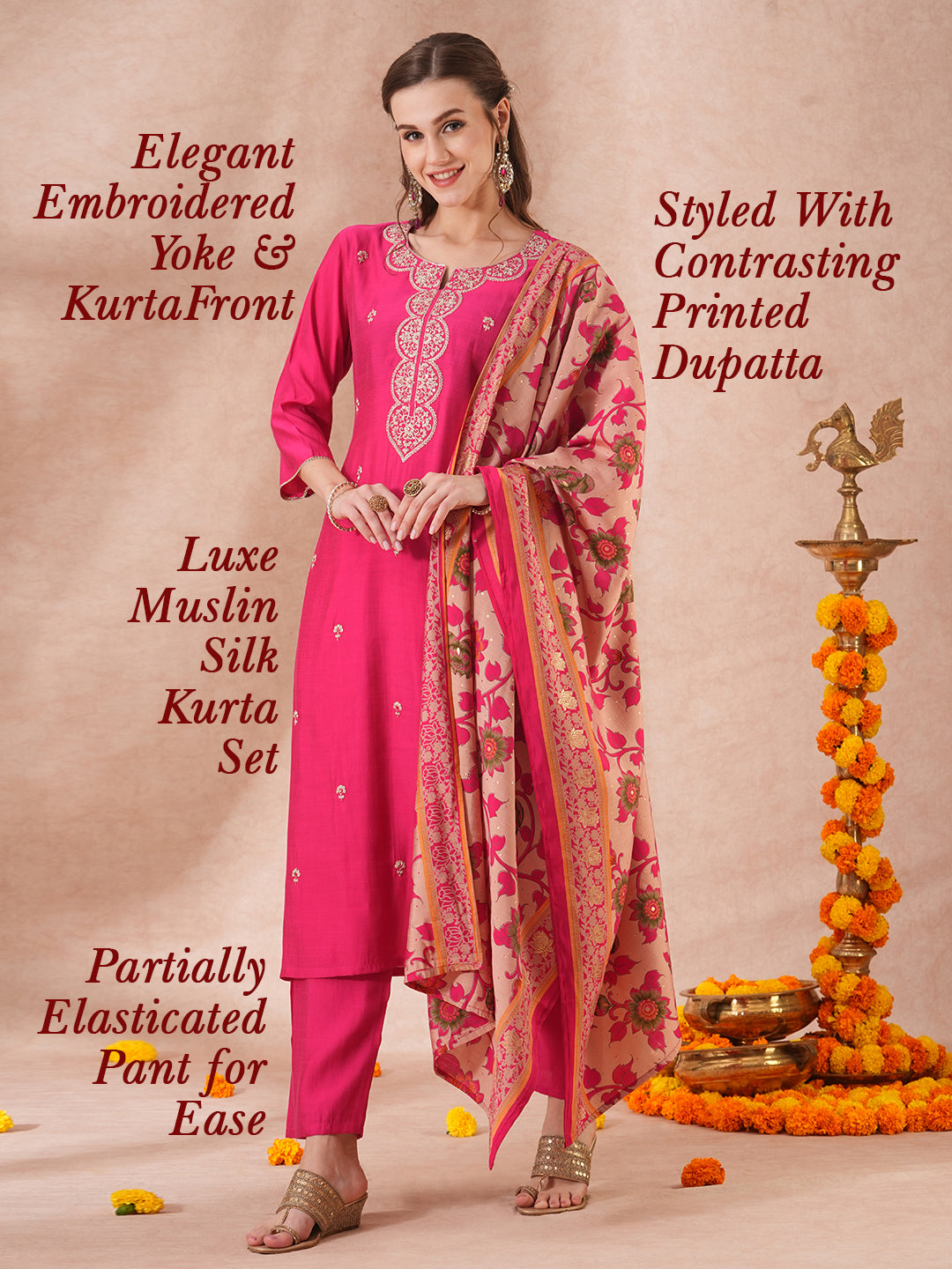 Solid Ethnic Floral Embroidered Straight Fit Kurta with Pant & Dupatta - Pink