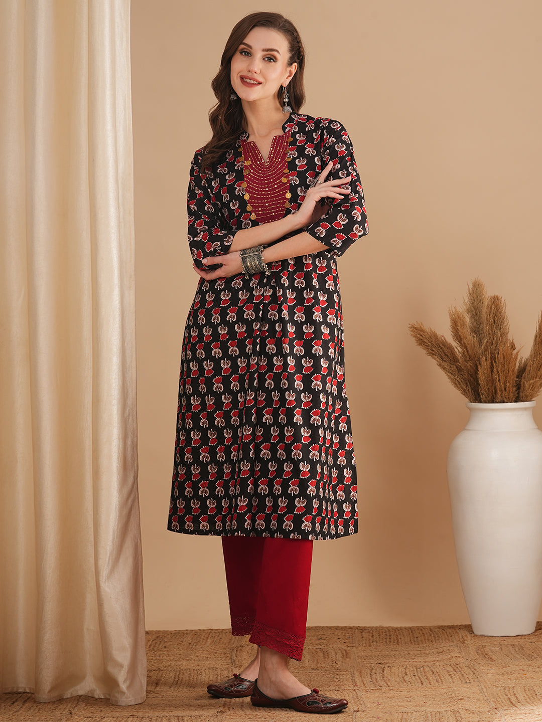Ethnic Floral Printed Embroidered A-Line Kurta - Black