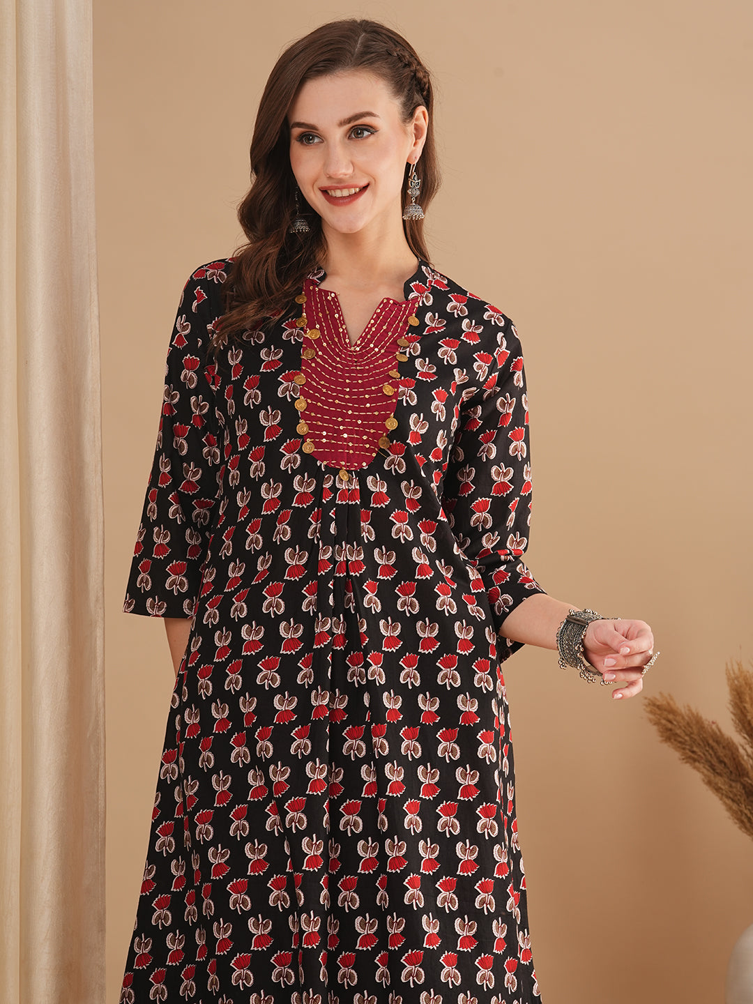 Ethnic Floral Printed Embroidered A-Line Kurta - Black