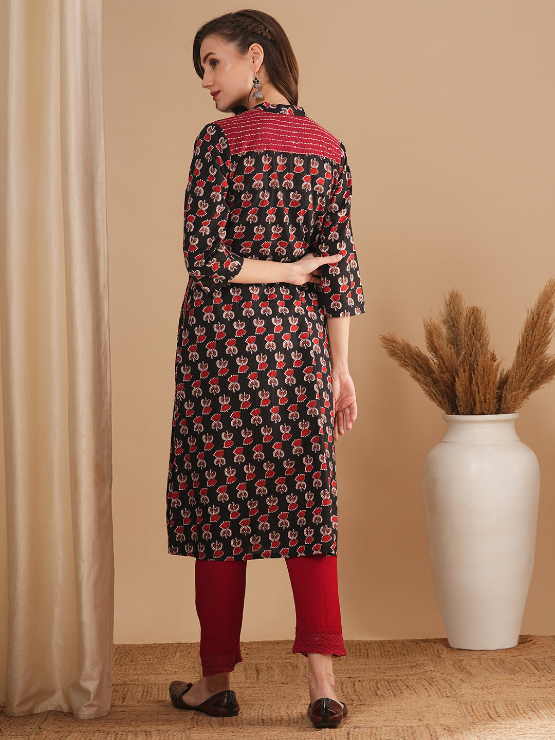 Ethnic Floral Printed Embroidered A-Line Kurta - Black