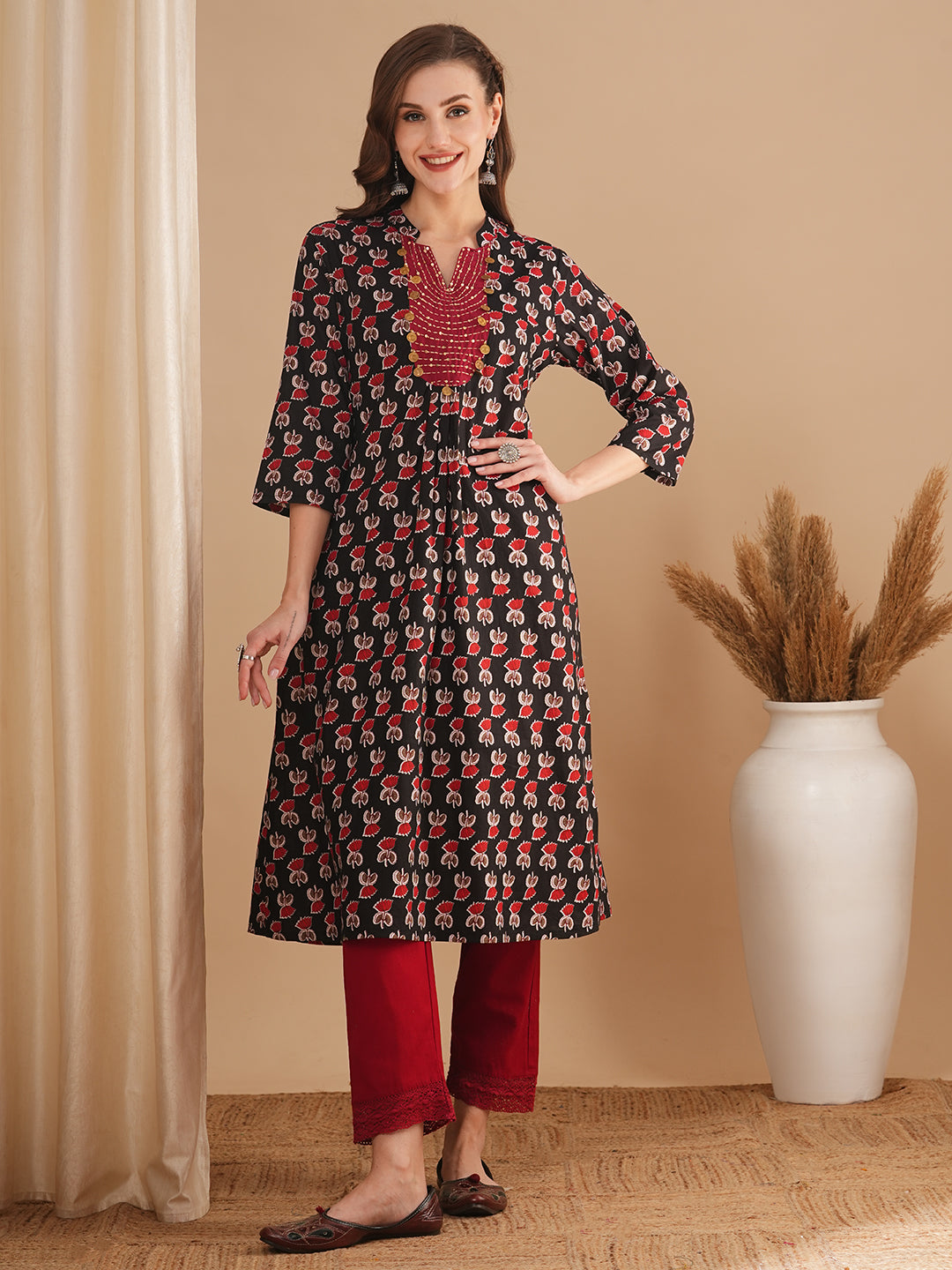 Ethnic Floral Printed Embroidered A-Line Kurta - Black