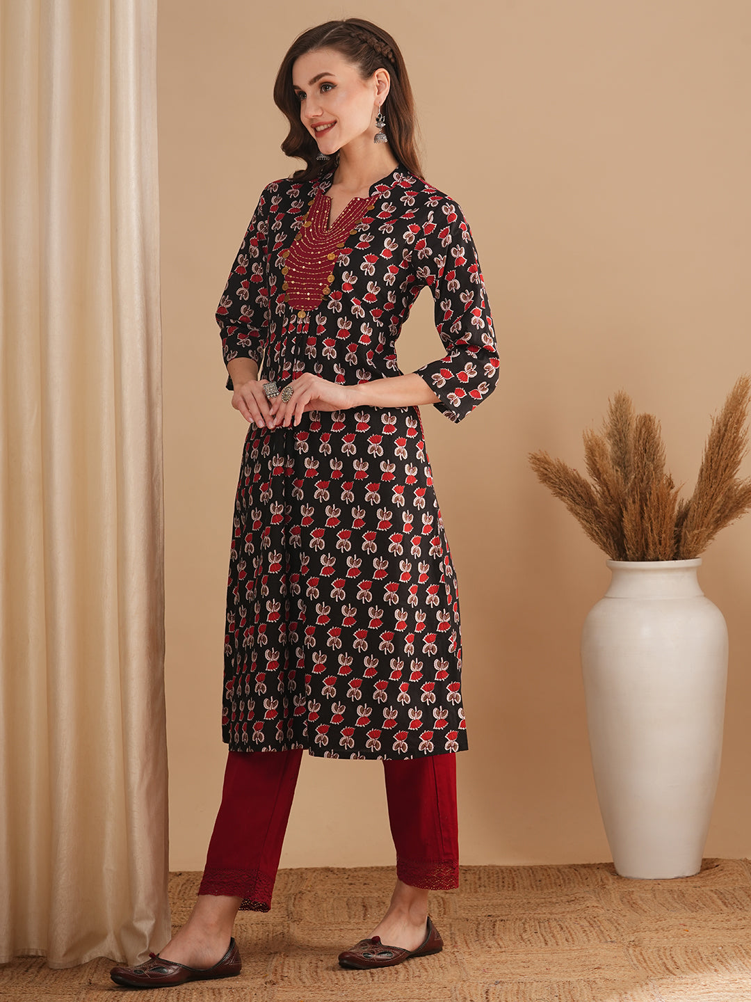 Ethnic Floral Printed Embroidered A-Line Kurta - Black