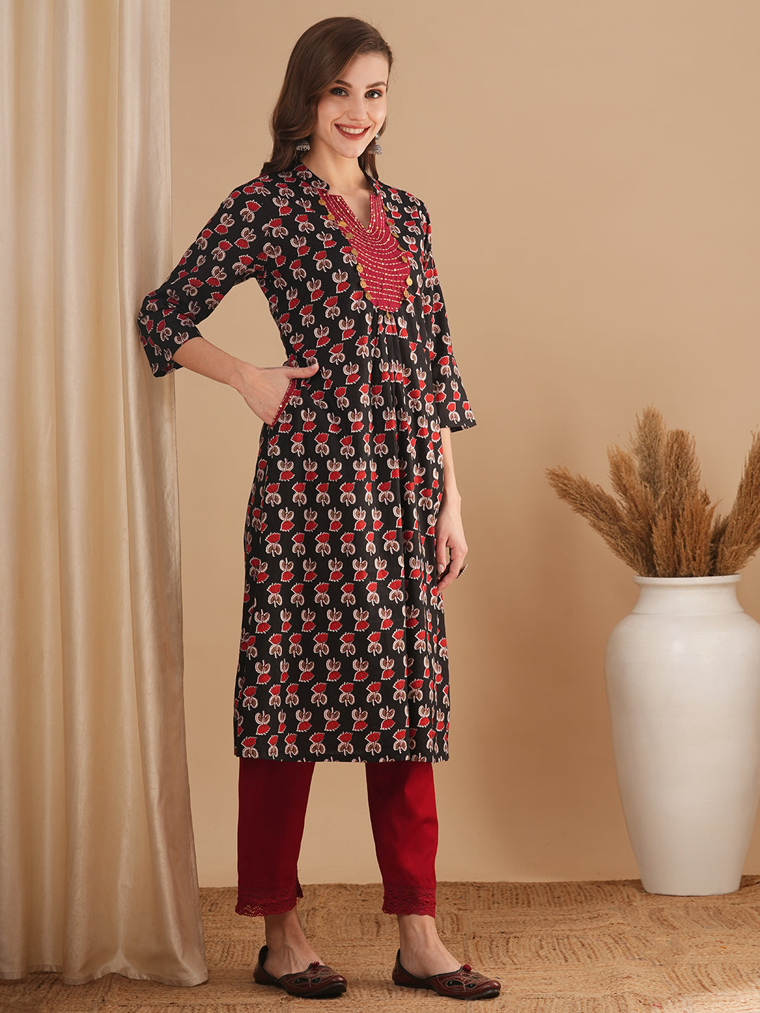Ethnic Floral Printed Embroidered A-Line Kurta - Black