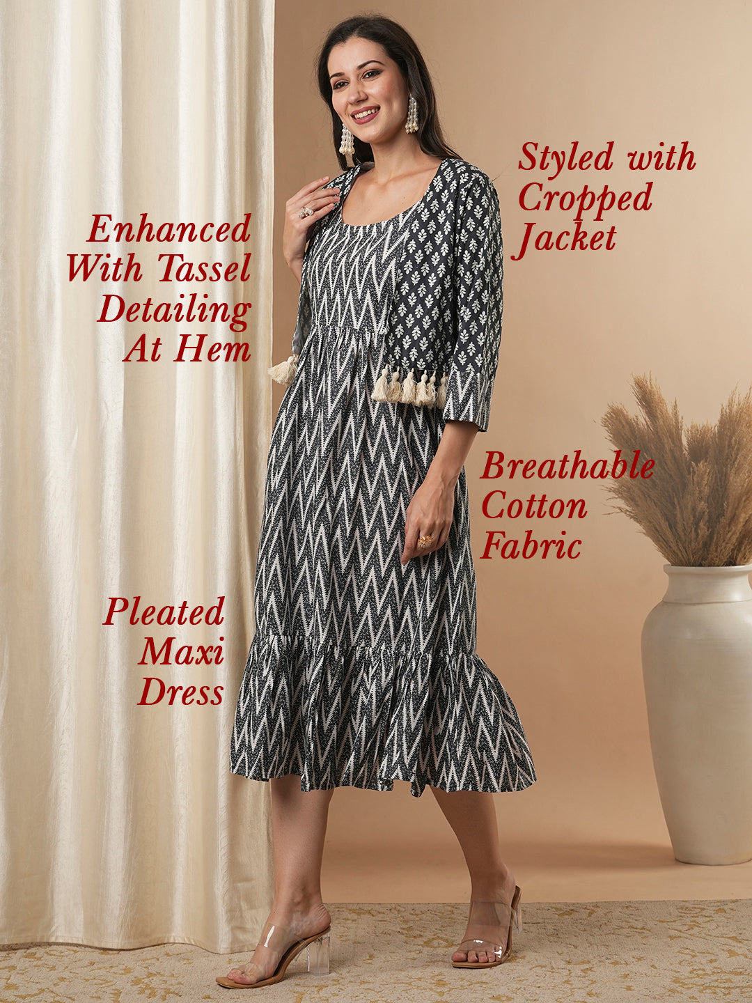 Ethnic Floral Printed A-Line Pleated Tiered Maxi Dress with Ethnic Printed Jacket - Grey