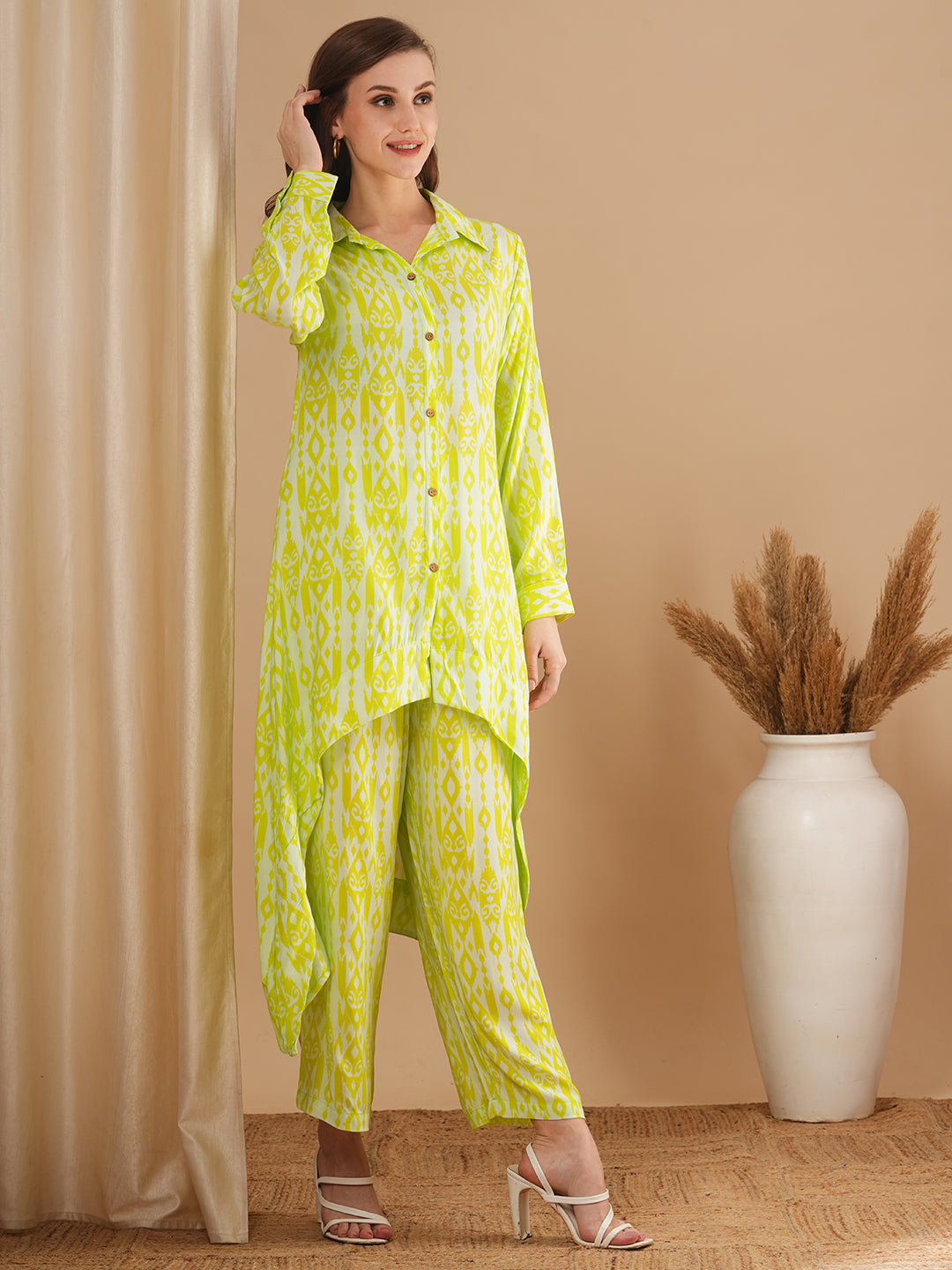 Ethnic Printed A-Line High Low Co-ord Set - Green
