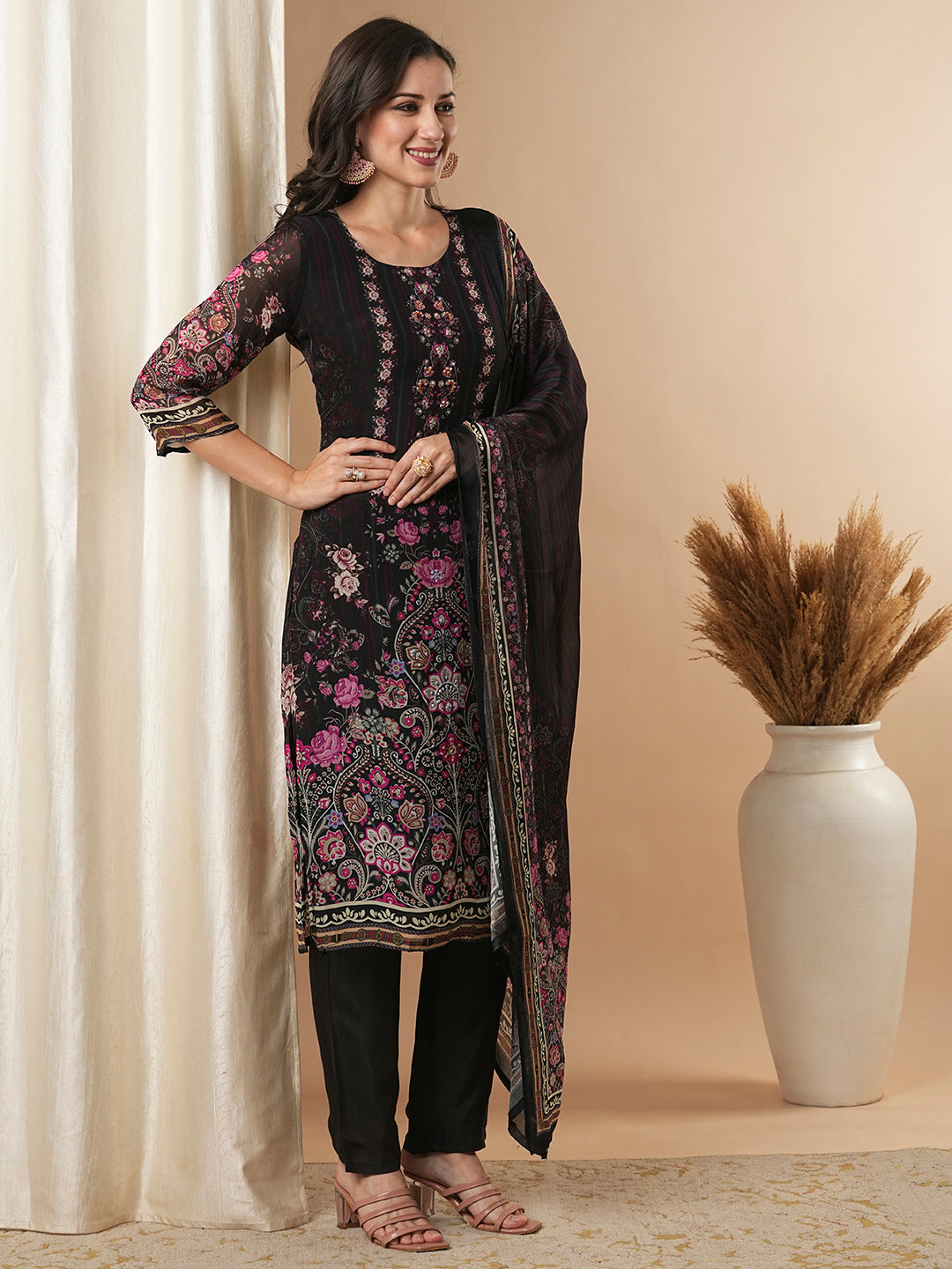 Ethnic Floral Printed & Embroidered Straight Kurta with Pant & Dupatta - Black