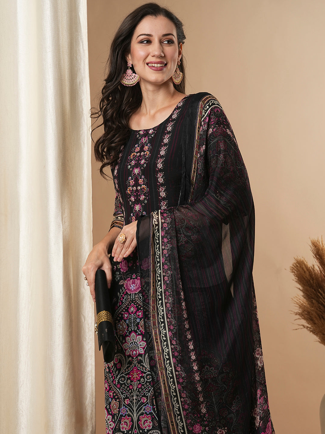 Ethnic Floral Printed & Embroidered Straight Kurta with Pant & Dupatta - Black