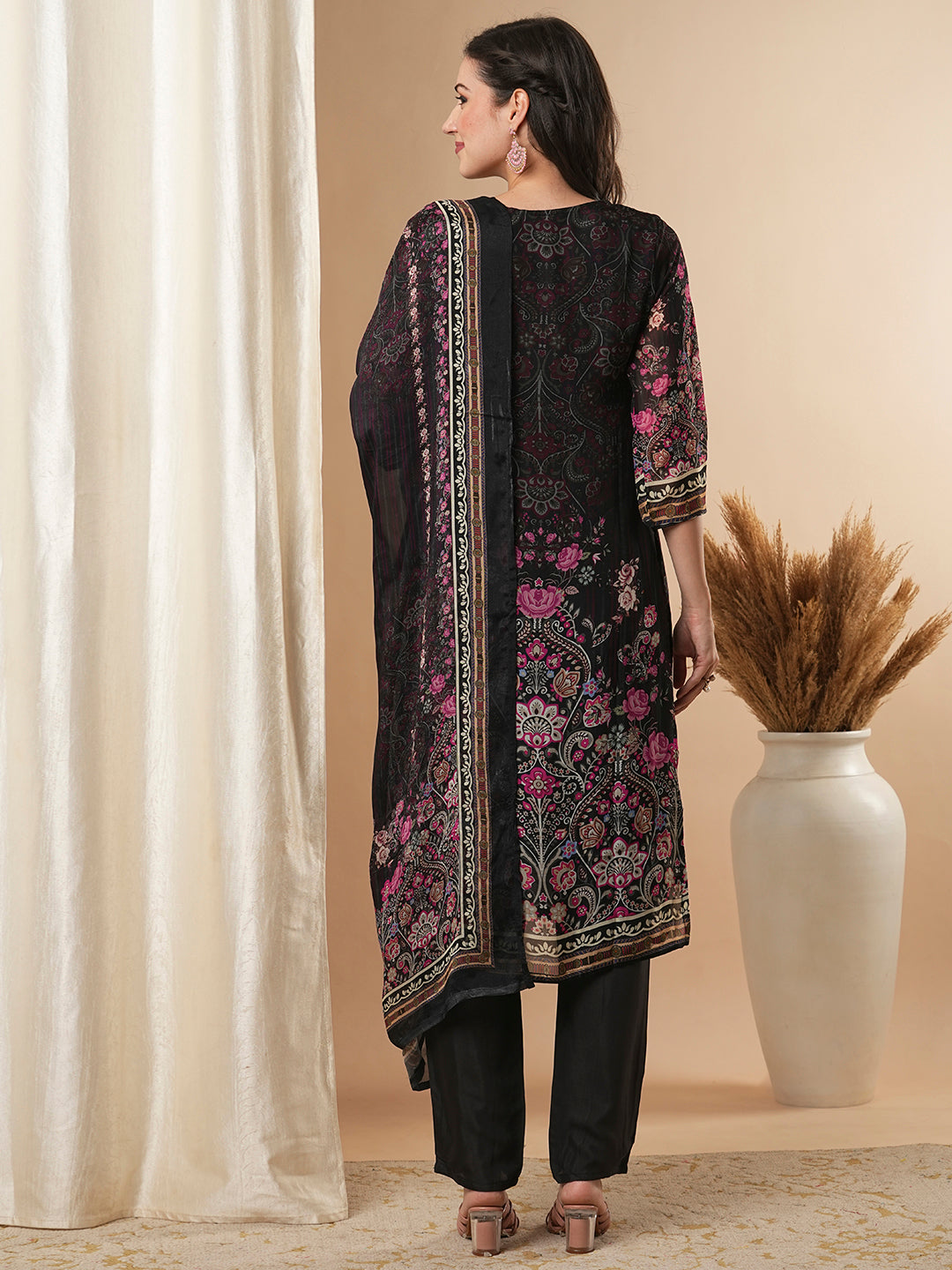 Ethnic Floral Printed & Embroidered Straight Kurta with Pant & Dupatta - Black