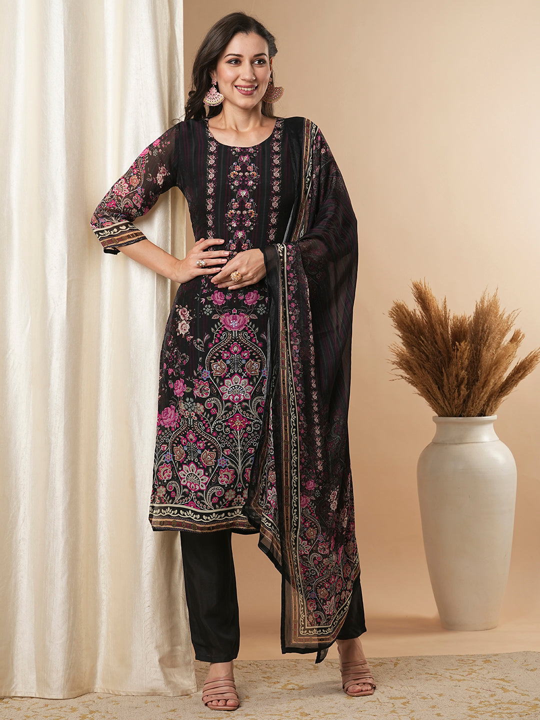 Ethnic Floral Printed & Embroidered Straight Kurta with Pant & Dupatta - Black