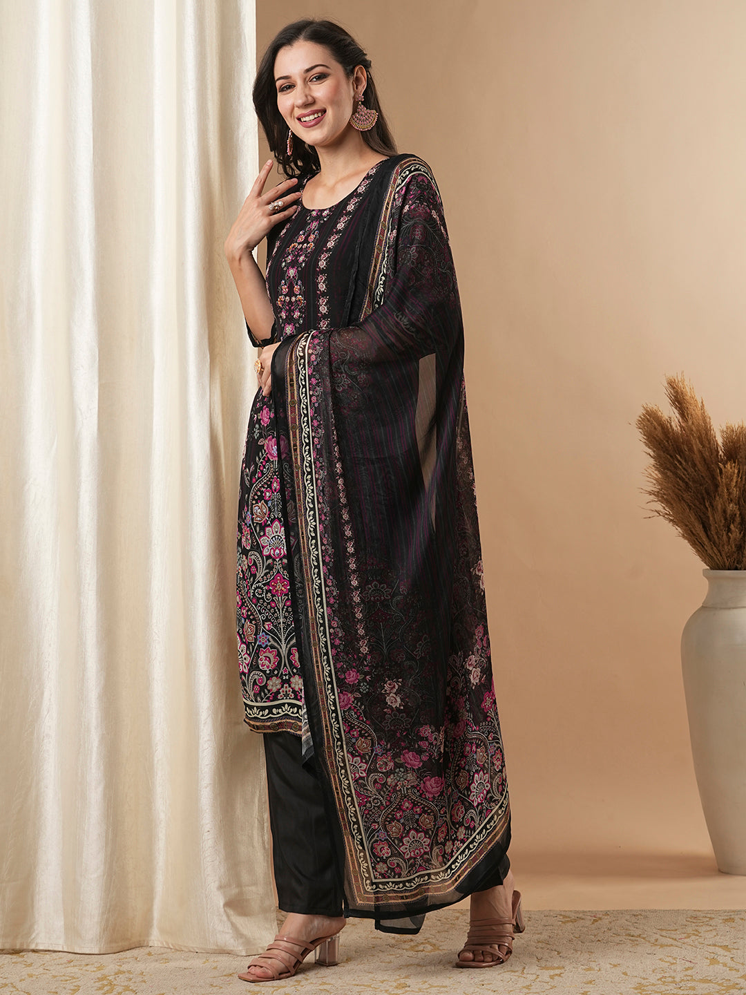 Ethnic Floral Printed & Embroidered Straight Kurta with Pant & Dupatta - Black