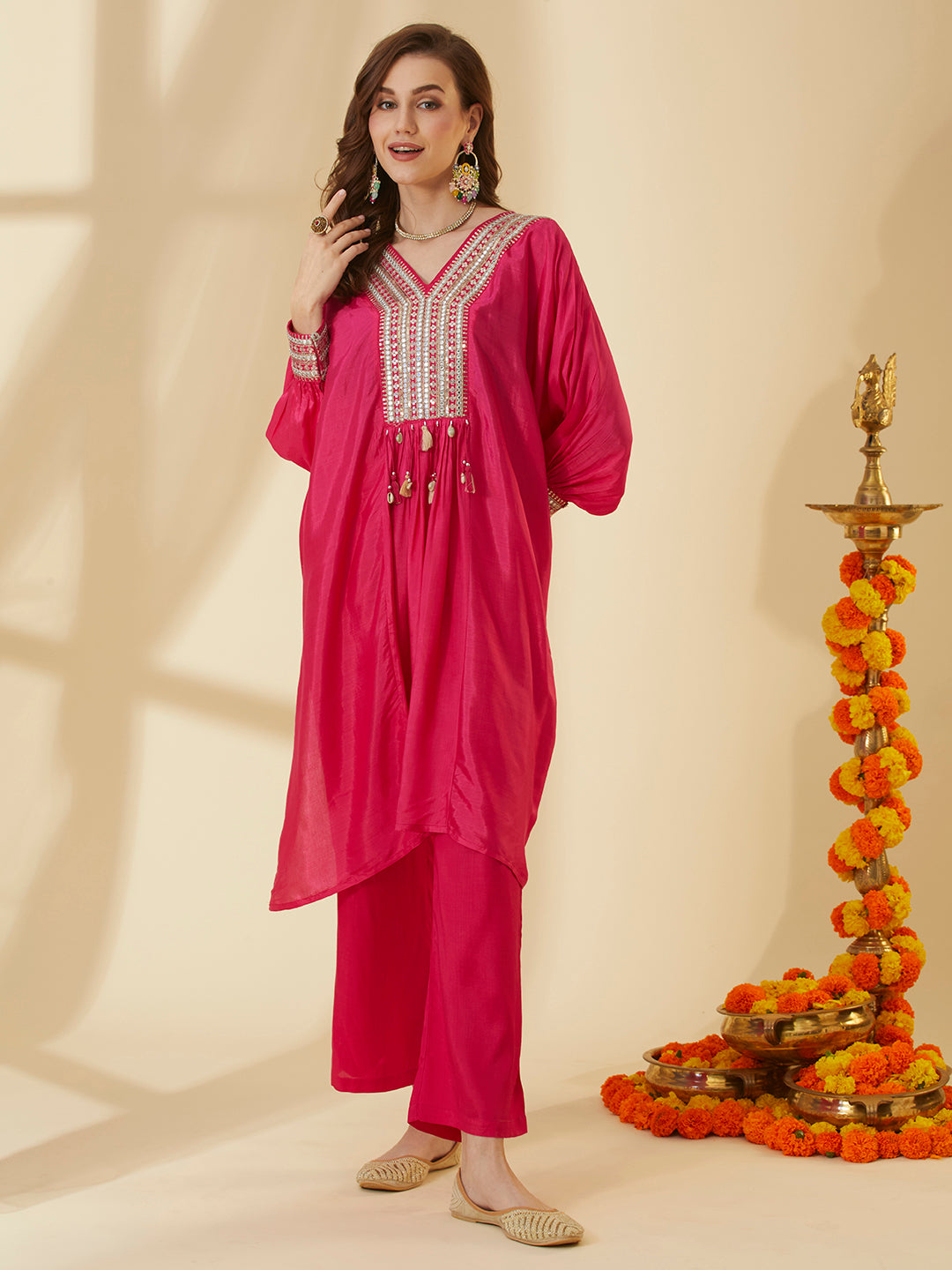 Solid Embroidered Kaftan Style Kurta with Pant - Pink
