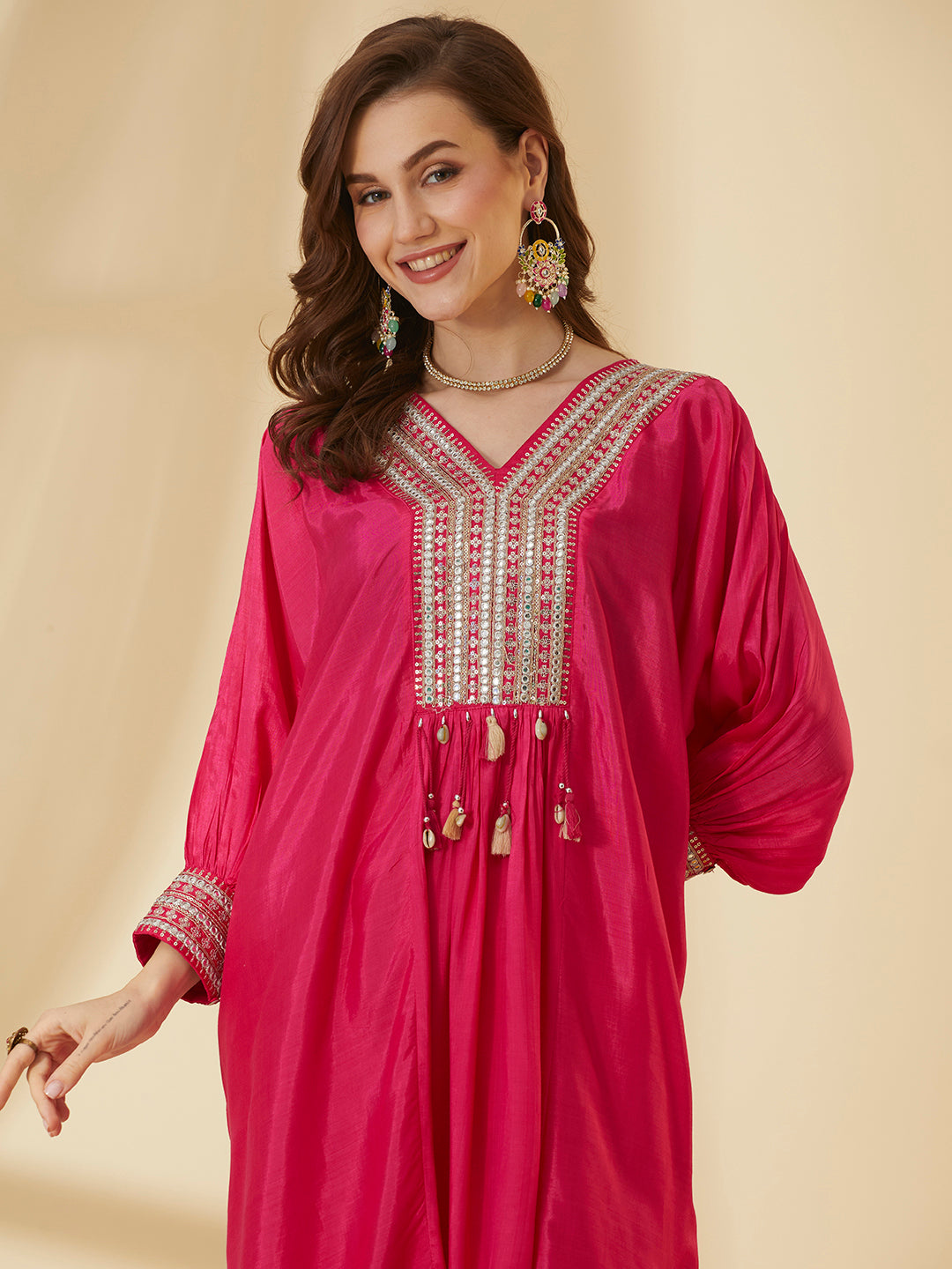 Solid Embroidered Kaftan Style Kurta with Pant - Pink