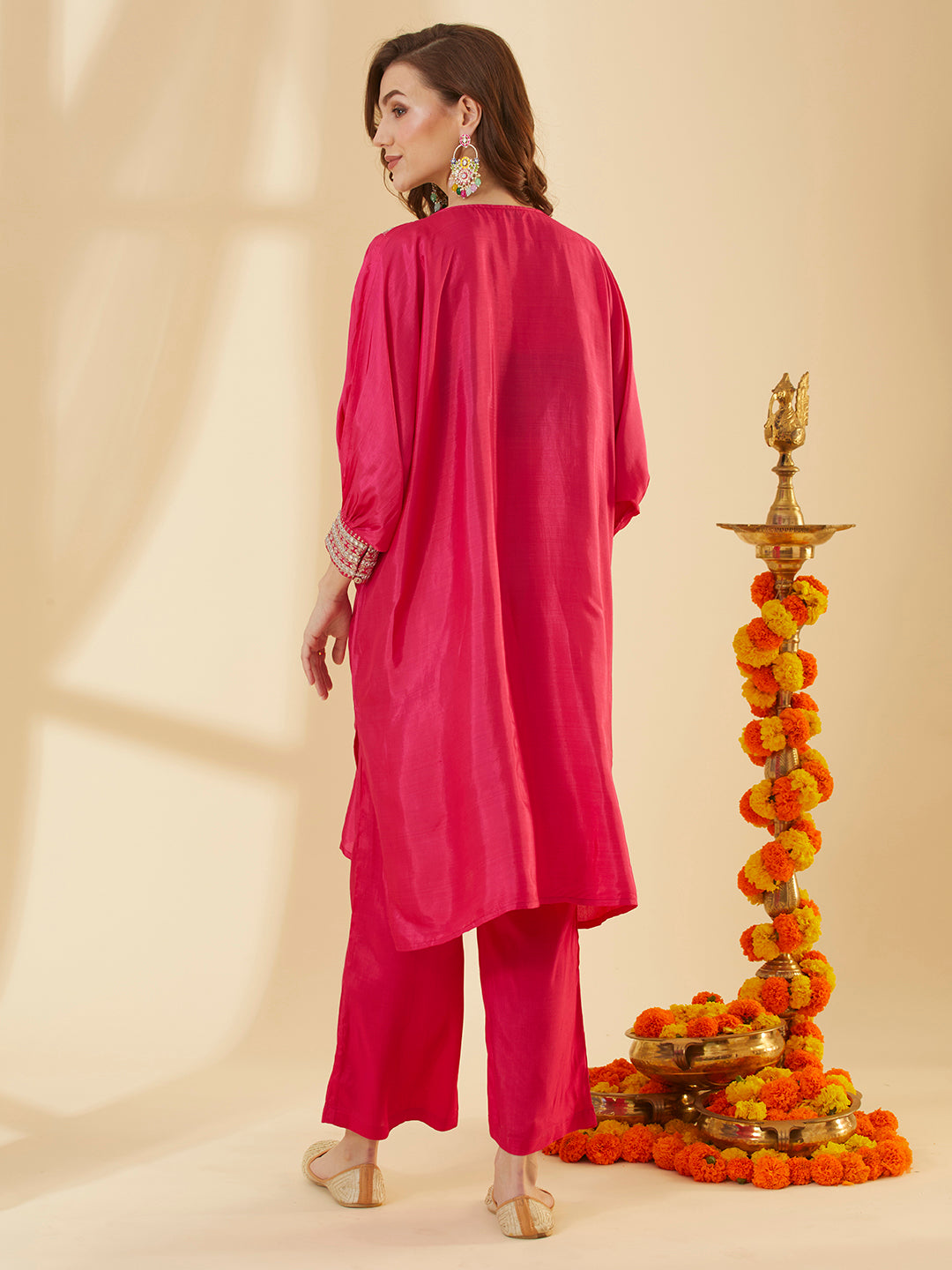 Solid Embroidered Kaftan Style Kurta with Pant - Pink