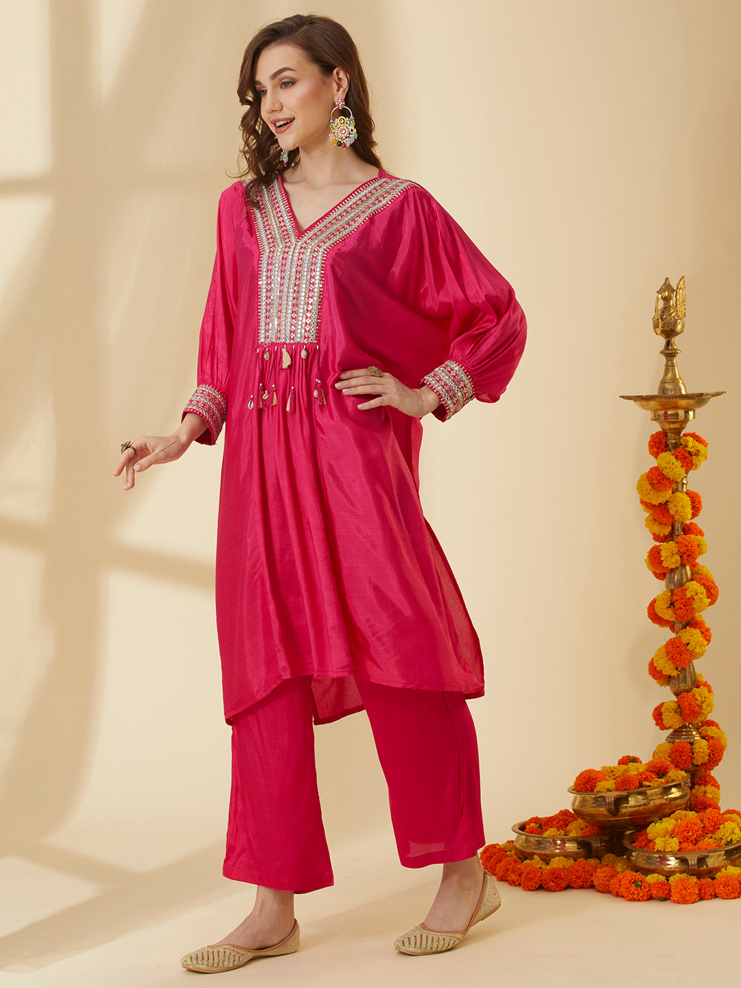 Solid Embroidered Kaftan Style Kurta with Pant - Pink