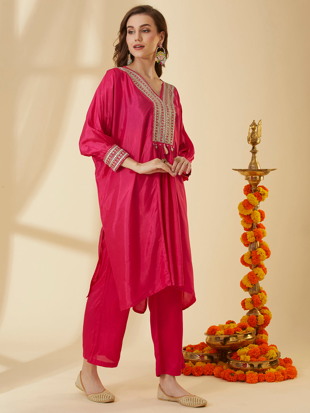Solid Embroidered Kaftan Style Kurta with Pant - Pink