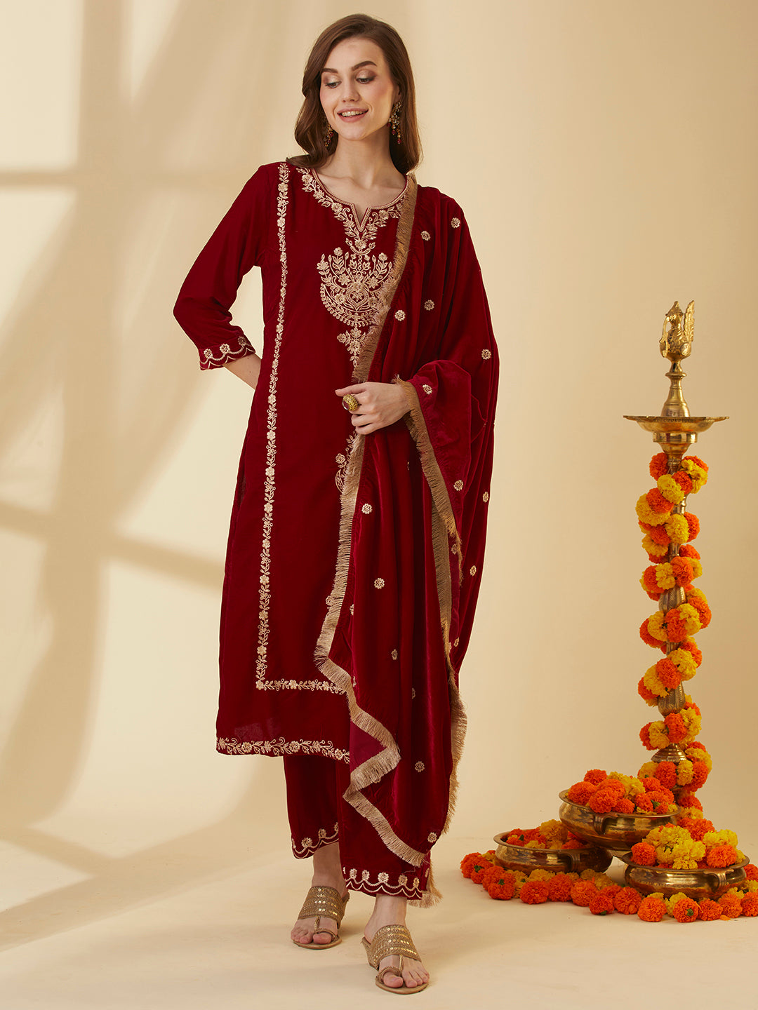 Solid Floral Zari Embroidered Straight Velvet Kurta with Pant & Dupatta - Red