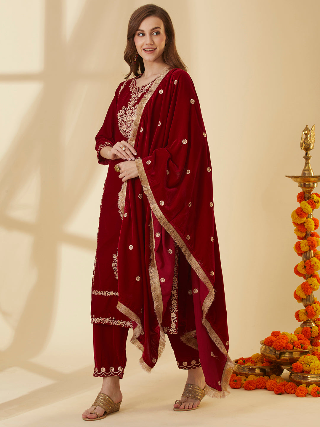 Solid Floral Zari Embroidered Straight Velvet Kurta with Pant & Dupatta - Red