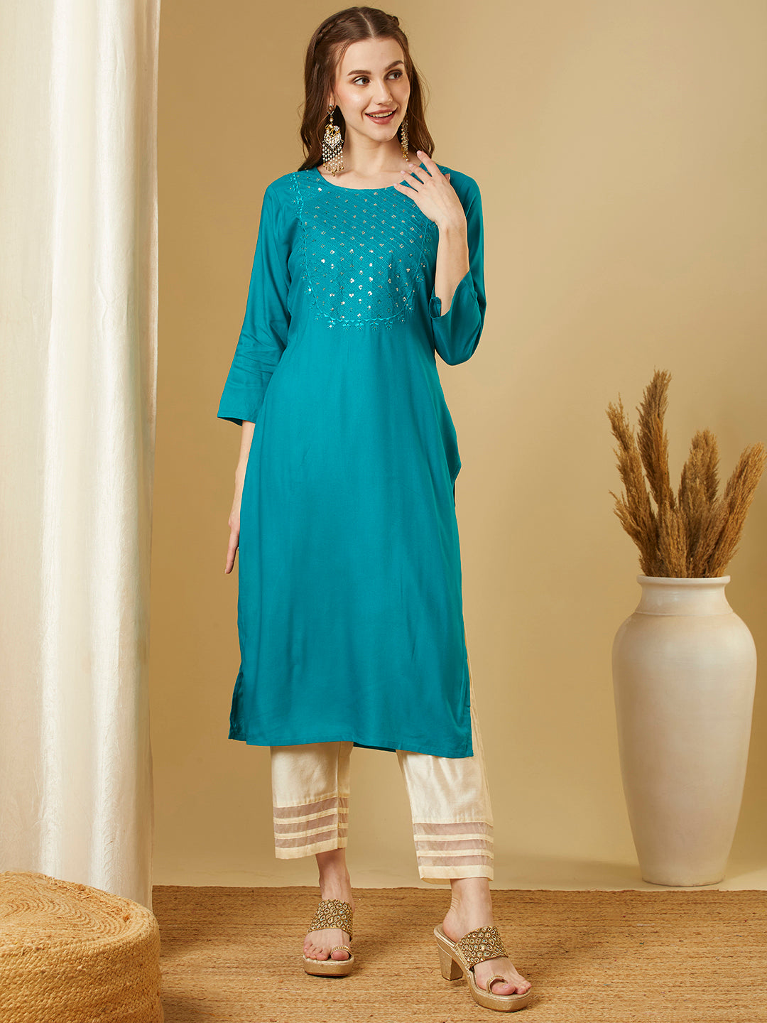 Solid Sequin Embroidered Straight Fit Kurta - Turquoise Blue