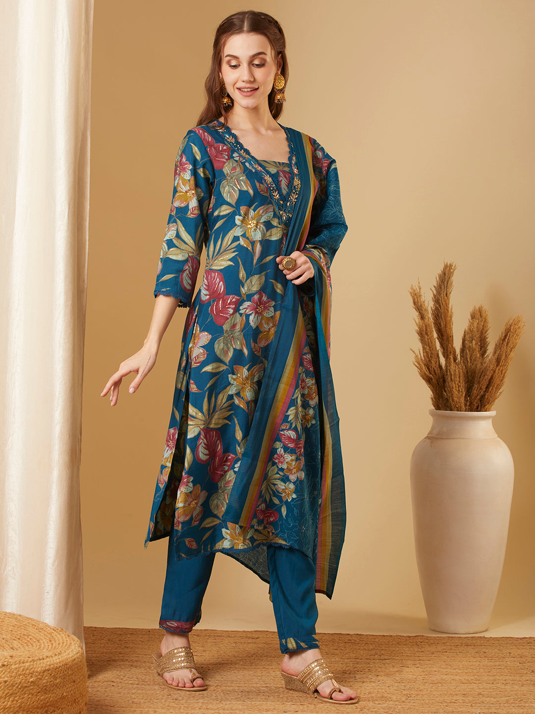 Floral Printed & Embroidered Straight Kurta with Pant & Dupatta - Teal Blue
