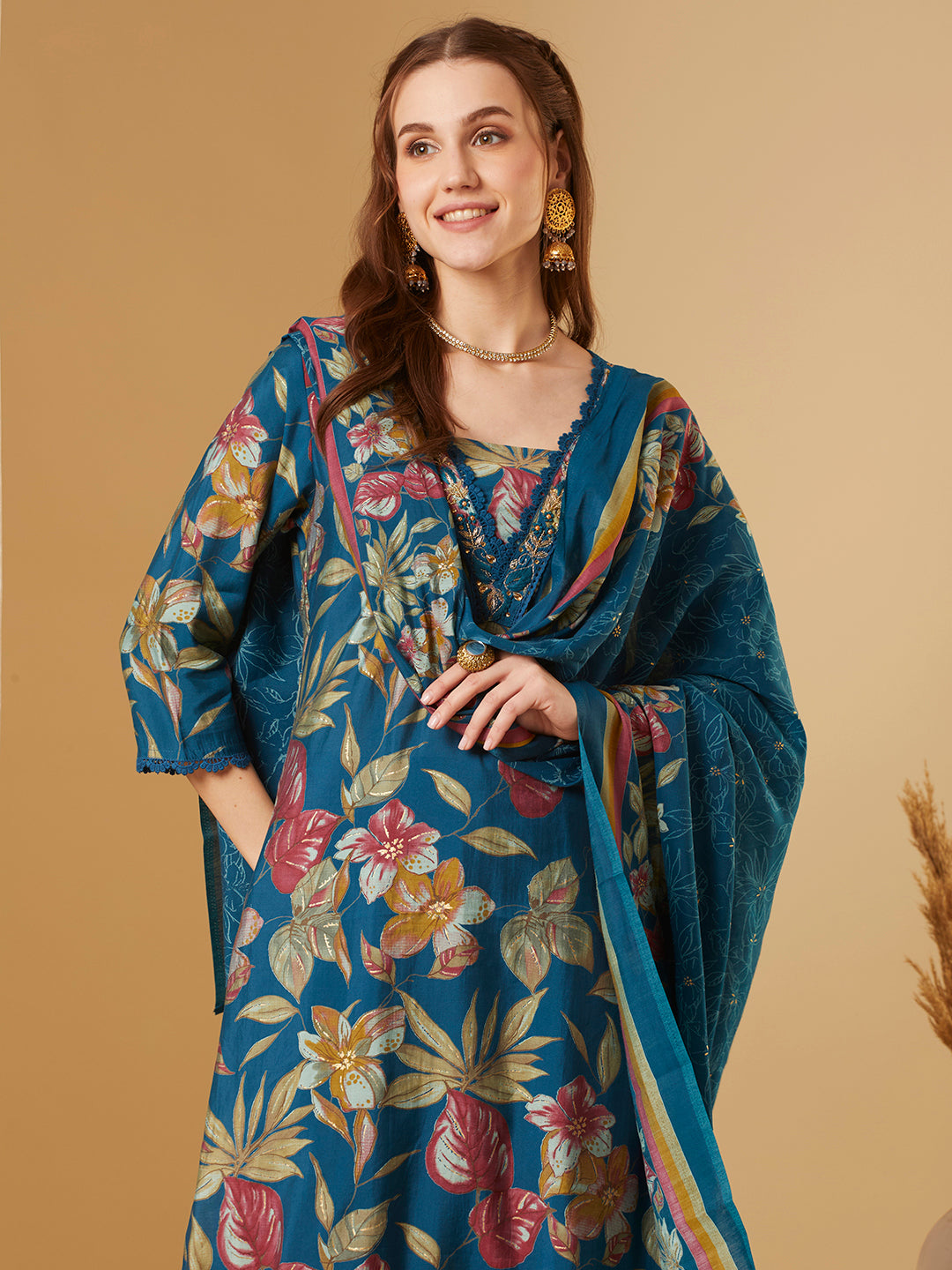 Floral Printed & Embroidered Straight Kurta with Pant & Dupatta - Teal Blue