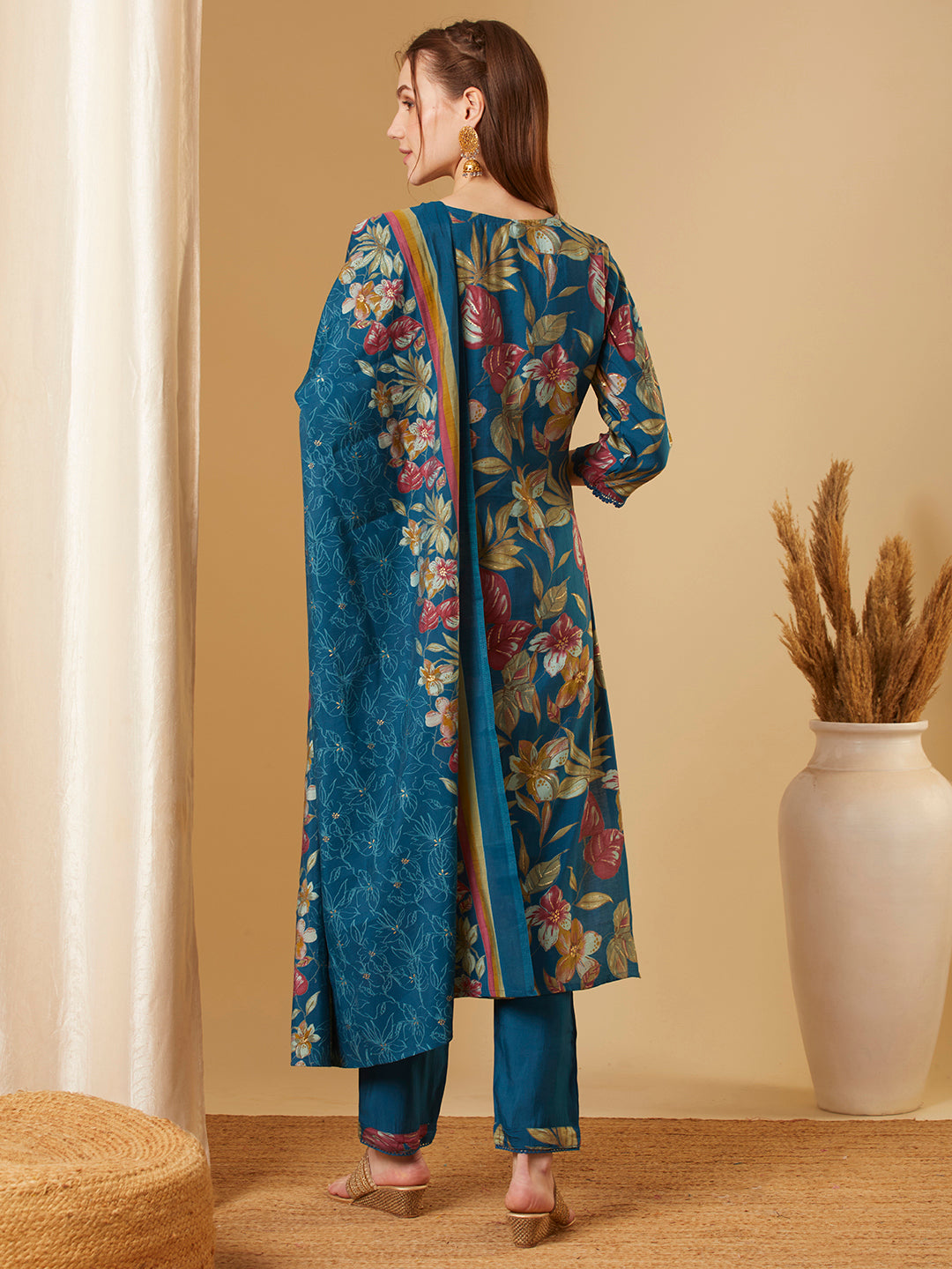 Floral Printed & Embroidered Straight Kurta with Pant & Dupatta - Teal Blue