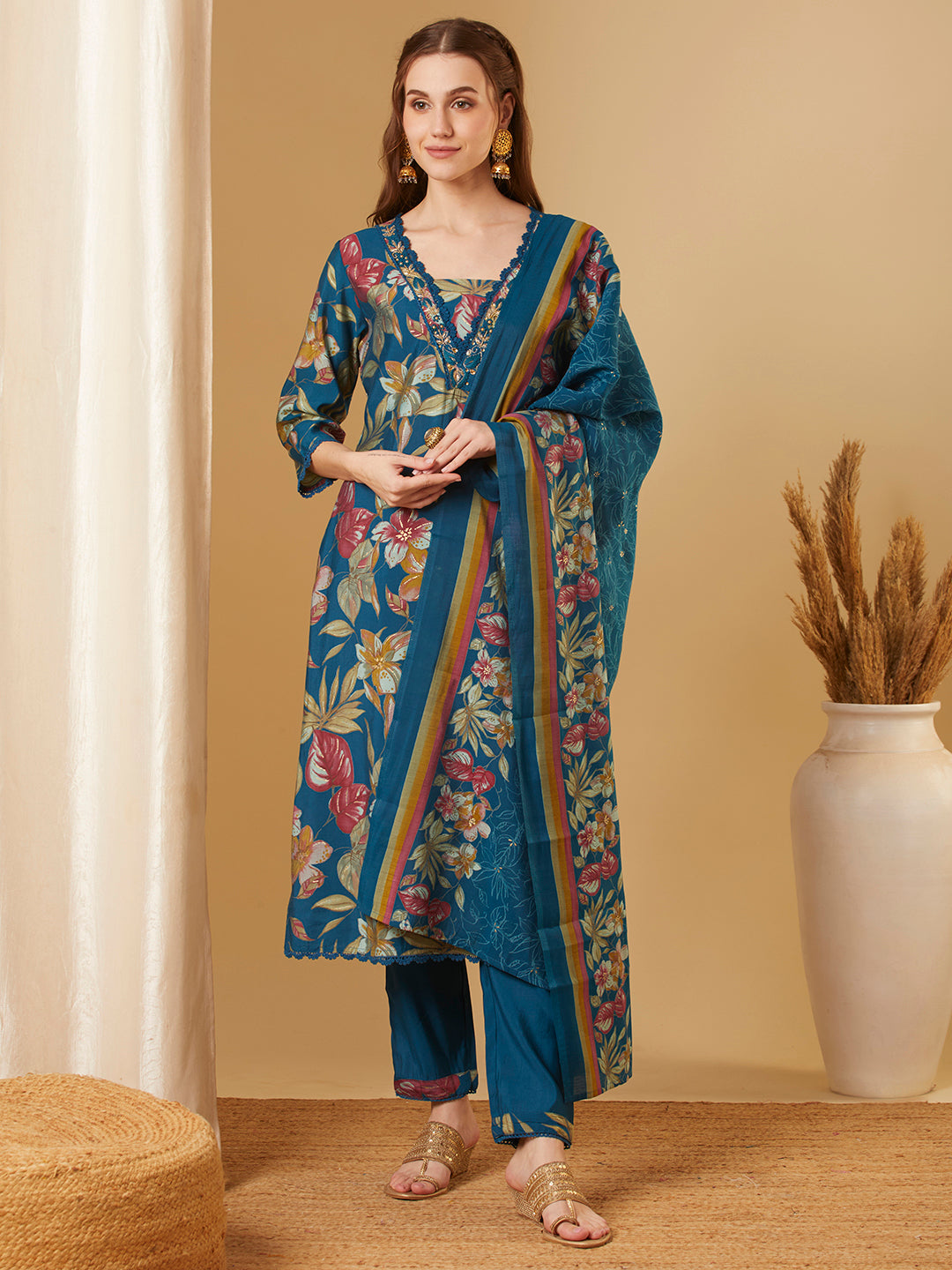 Floral Printed & Embroidered Straight Kurta with Pant & Dupatta - Teal Blue