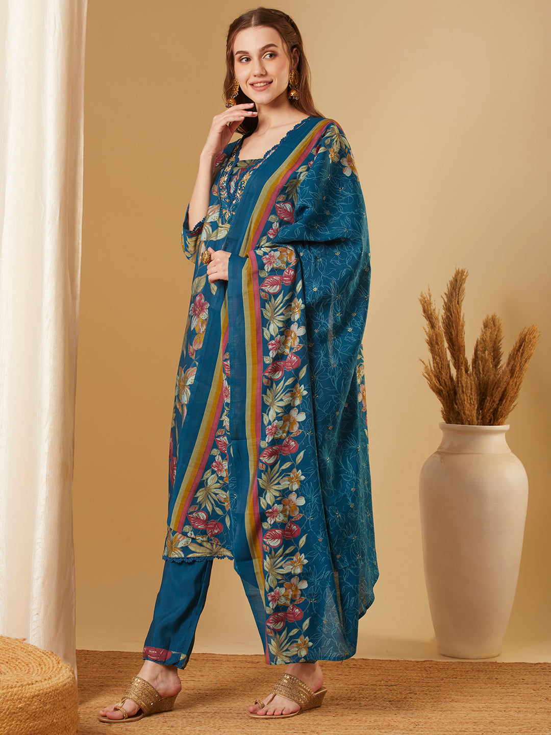 Floral Printed & Embroidered Straight Kurta with Pant & Dupatta - Teal Blue