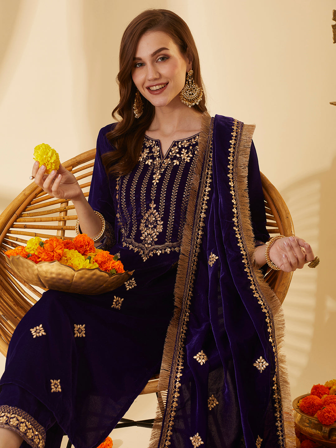 Solid Floral Gota Patti Embroidered Straight Velvet Kurta with Pant & Dupatta - Purple