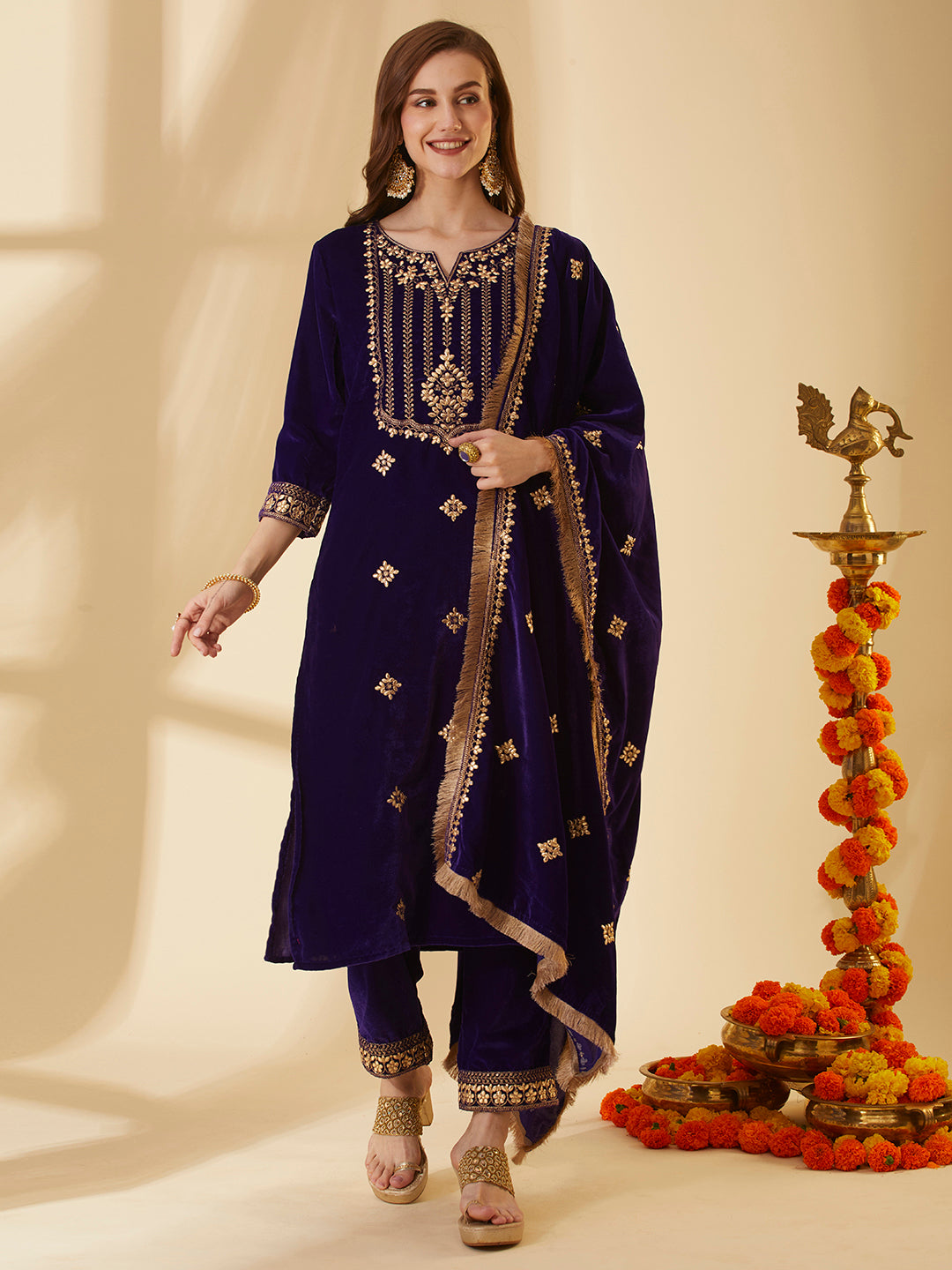 Solid Floral Gota Patti Embroidered Straight Velvet Kurta with Pant & Dupatta - Purple