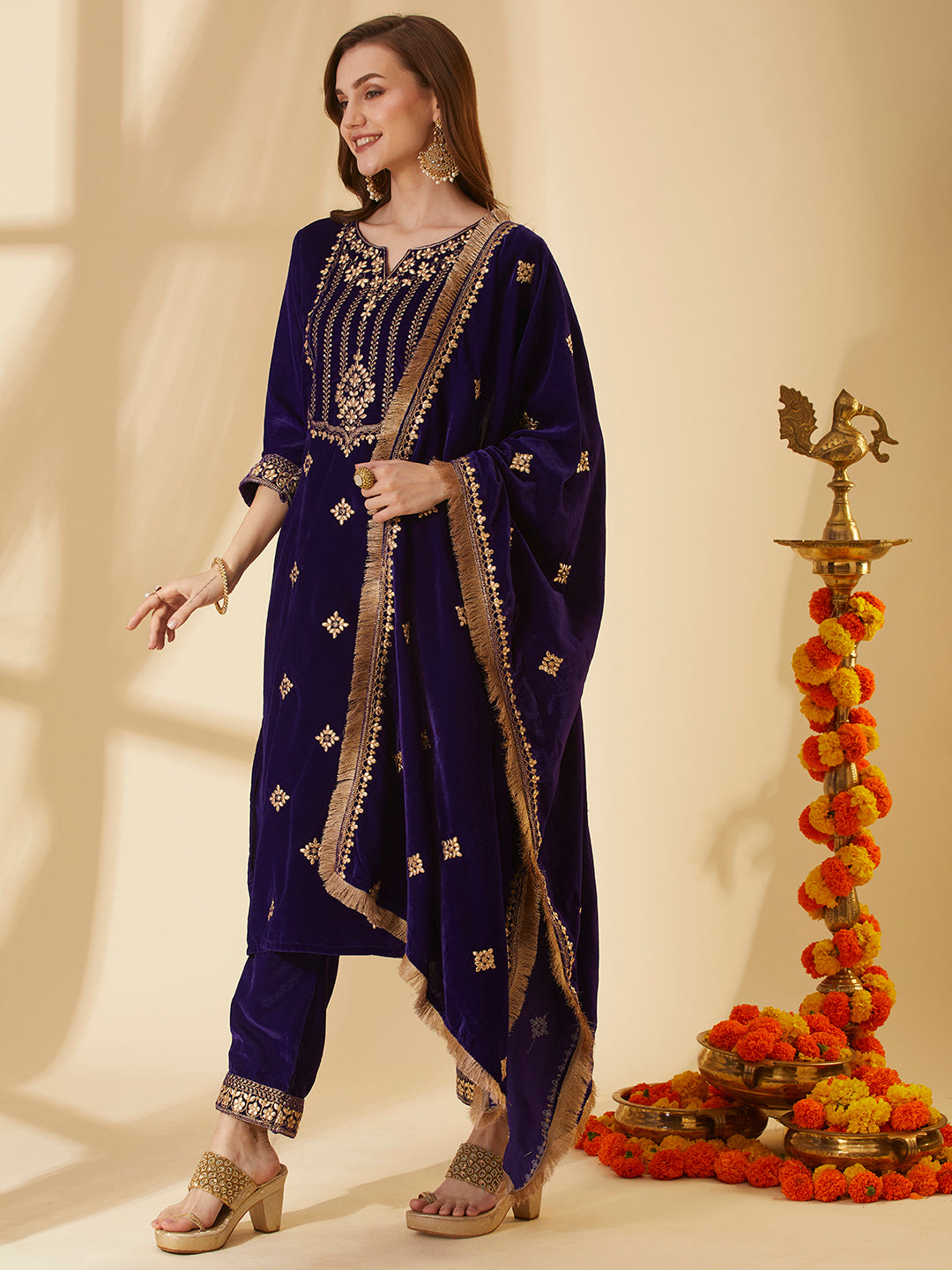 Solid Floral Gota Patti Embroidered Straight Velvet Kurta with Pant & Dupatta - Purple