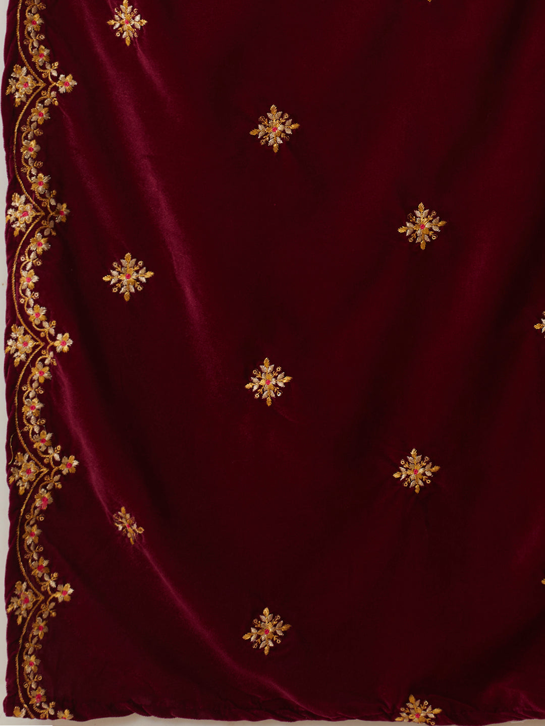 Solid Zari Embroidered Straight Velvet Kurta with Pant & Scalloped Dupatta - Maroon