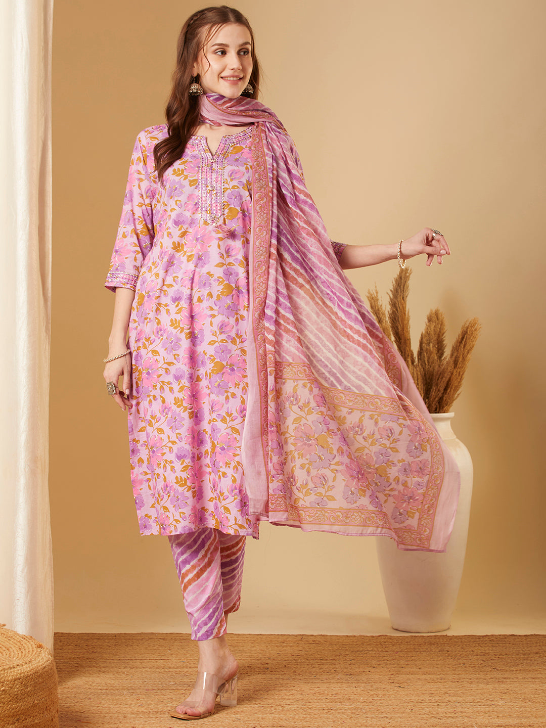Floral Printed & Embroidered Straight Fit Kurta with Pant & Dupatta - Purple