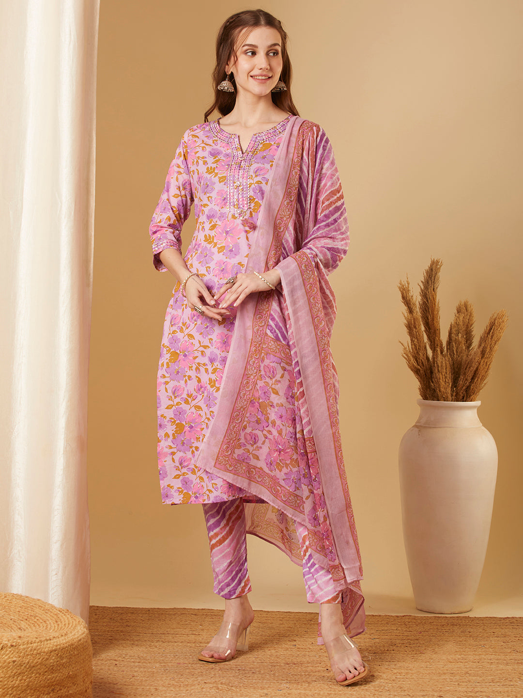 Floral Printed & Embroidered Straight Fit Kurta with Pant & Dupatta - Purple