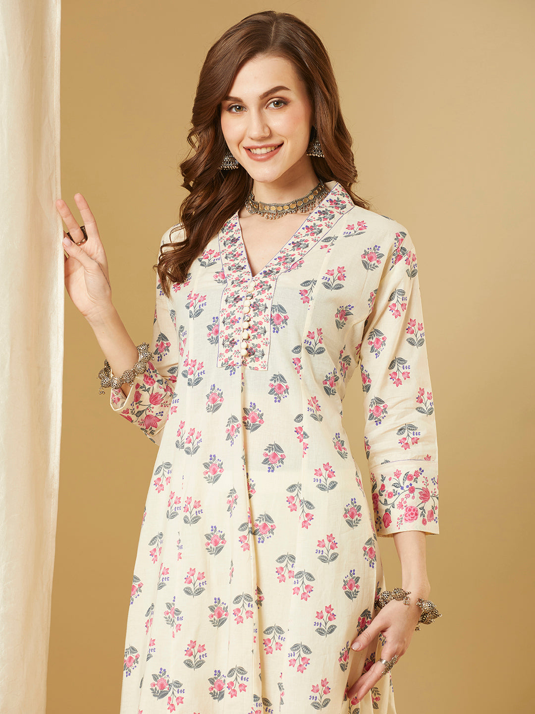 Ethnic Floral Printed Anarkali Kurta with Pant - Off White