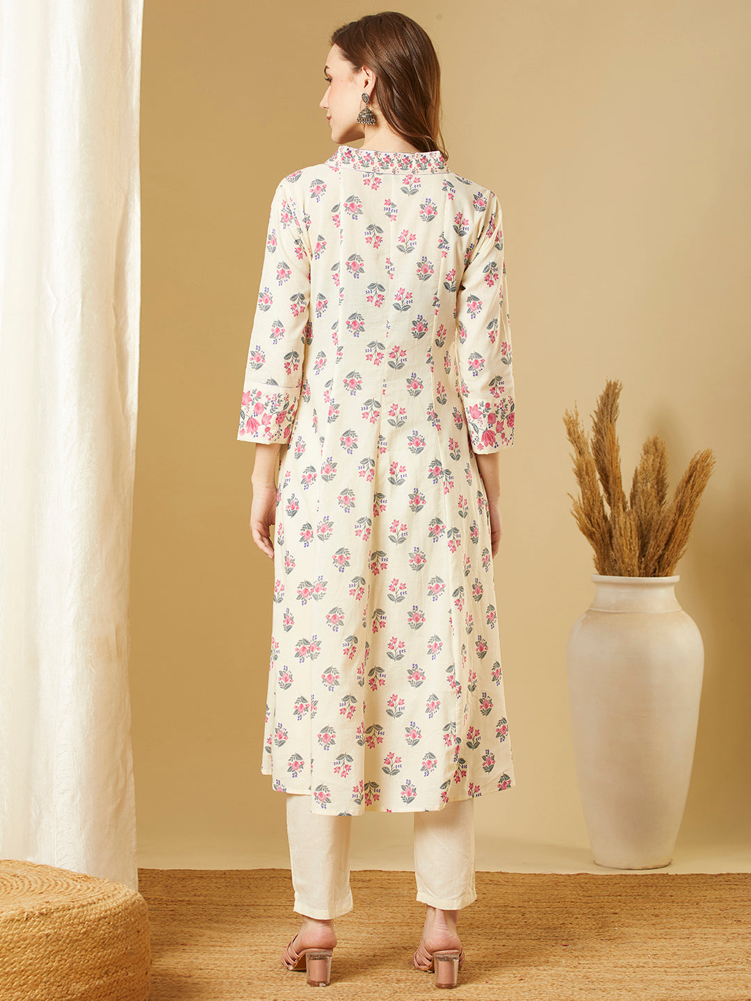 Ethnic Floral Printed Anarkali Kurta with Pant - Off White